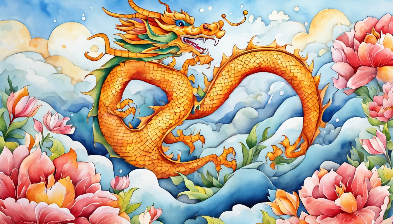 cute gold china dragon in sky, cloud, sun, wind, lunar new year, spring flower, red lantern, colorfull background, highest quality, Full HD, happy dragon, 2023, 3d, (paper art, Quilted Paper Art, Geometry), highly colorful, Anime beauty, Extremely colorful, Colorful illustrations, aquarelle((masterpiece))), illustration
