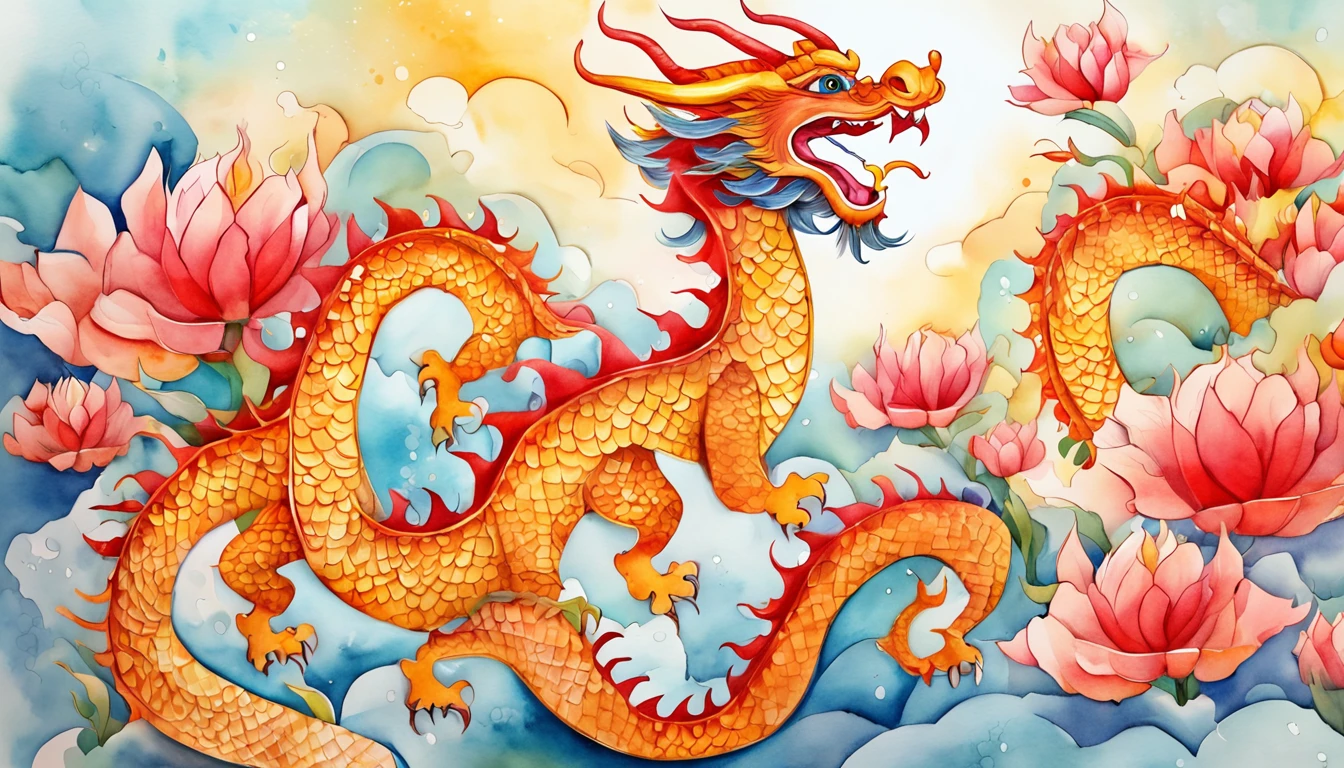 cute gold china dragon in sky, cloud, sun, wind, lunar new year, spring flower, red lantern, colorfull background, highest quality, Full HD, happy dragon, 2023, 3d, (paper art, Quilted Paper Art, Geometry), highly colorful, Anime beauty, Extremely colorful, Colorful illustrations, aquarelle((masterpiece))), illustration