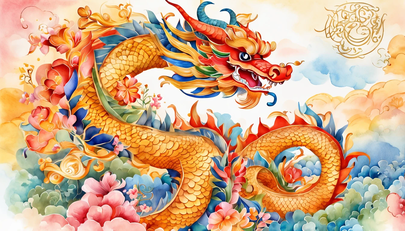 cute gold china dragon in sky, cloud, sun, wind, lunar new year, spring flower, red lantern, colorfull background, highest quality, Full HD, happy dragon, 2023, 3d, (paper art, Quilted Paper Art, Geometry), highly colorful, Anime beauty, Extremely colorful, Colorful illustrations, aquarelle((masterpiece))), illustration