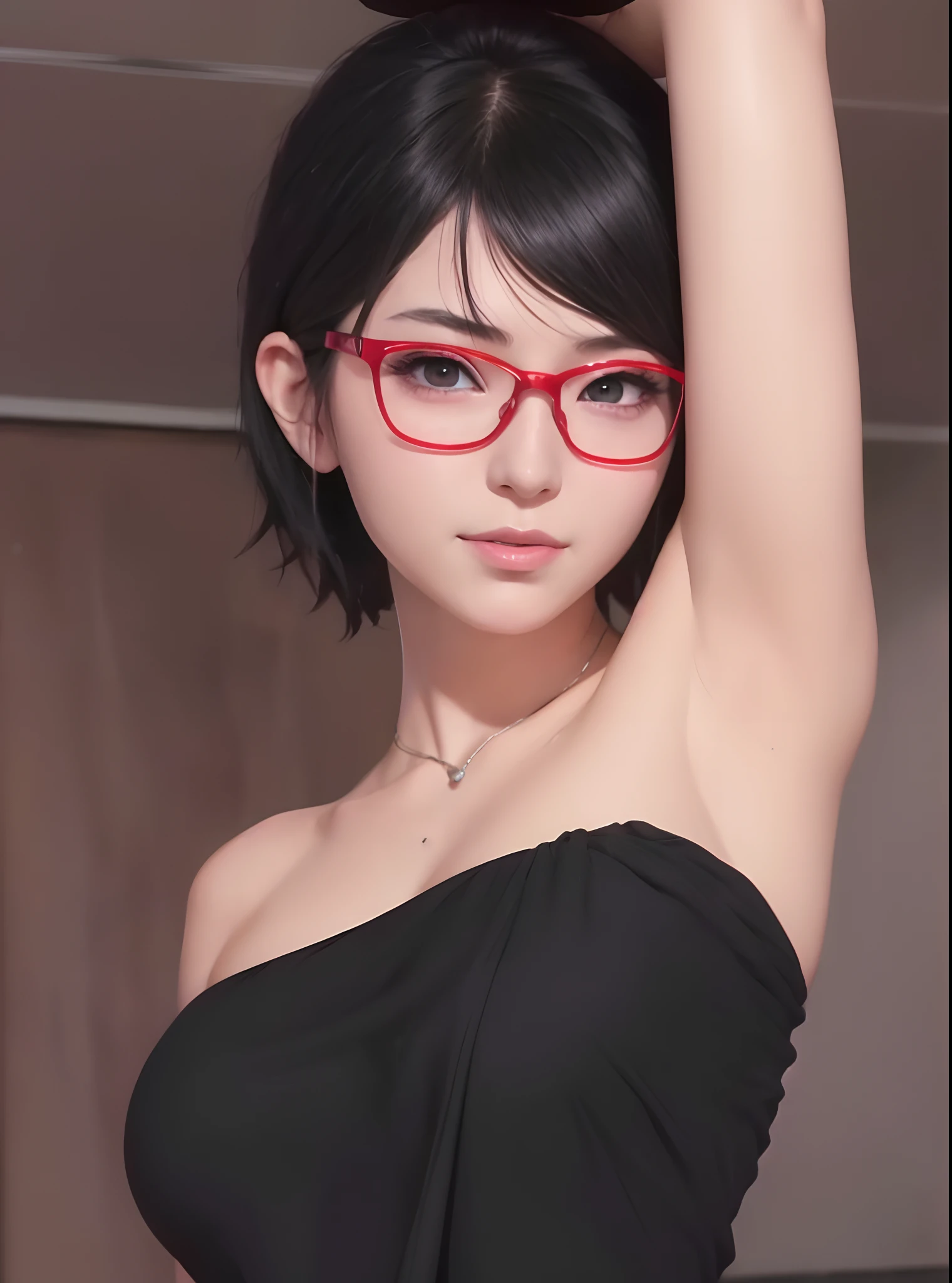 1girl, sarada uchiha in anime naruto, short hair, sexy dress, black hair, red eyes, smile, beautiful, black clothes, wearing glasses red, very big breast, sexy clothes, realistic clothes, detail clothes, indoor background, ultra detail, realistic