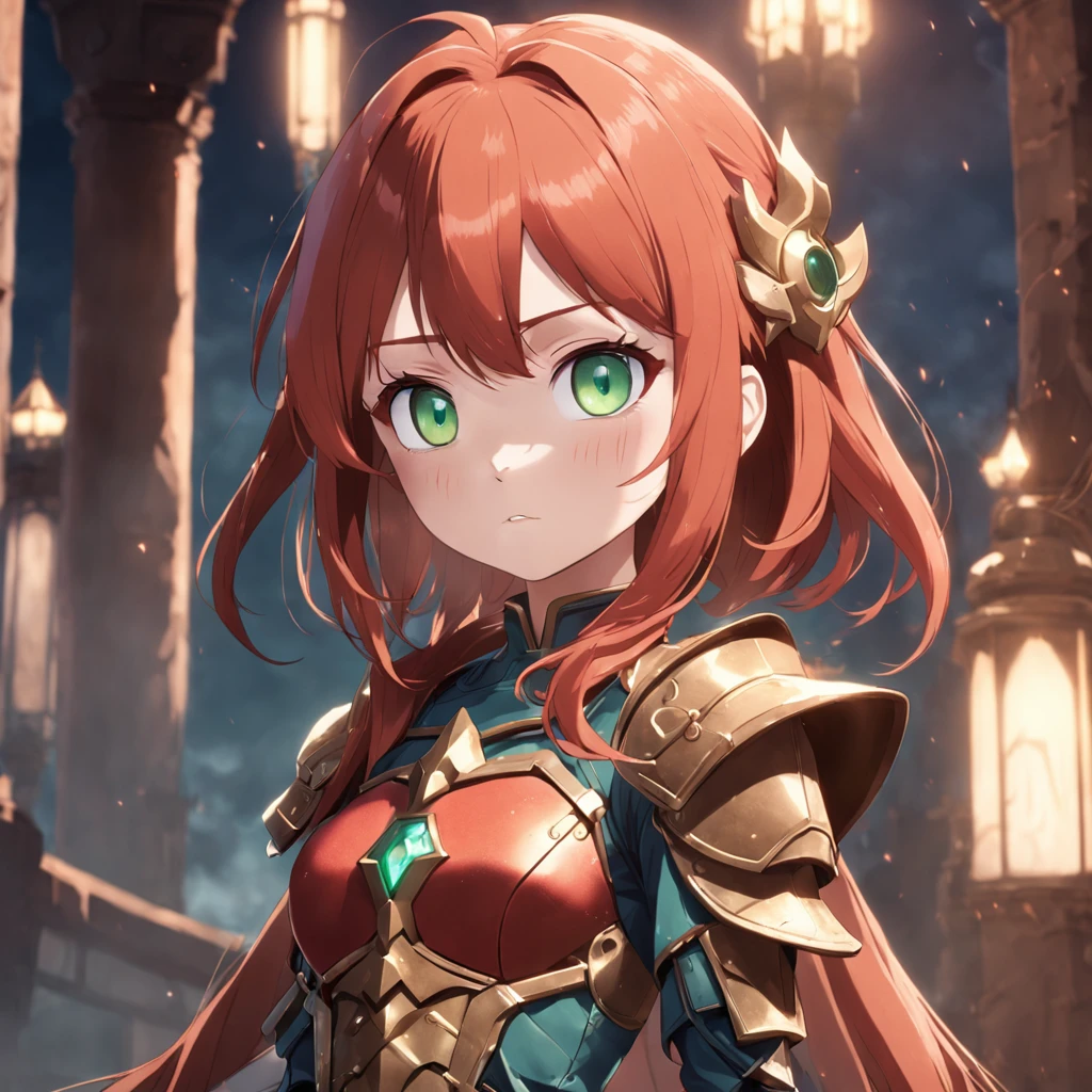 a female character in the same armor with red hair and green eyes, in the style of unreal engine, fullbody, soft shading, beautiful and loving illustrations in a consistent style for children books