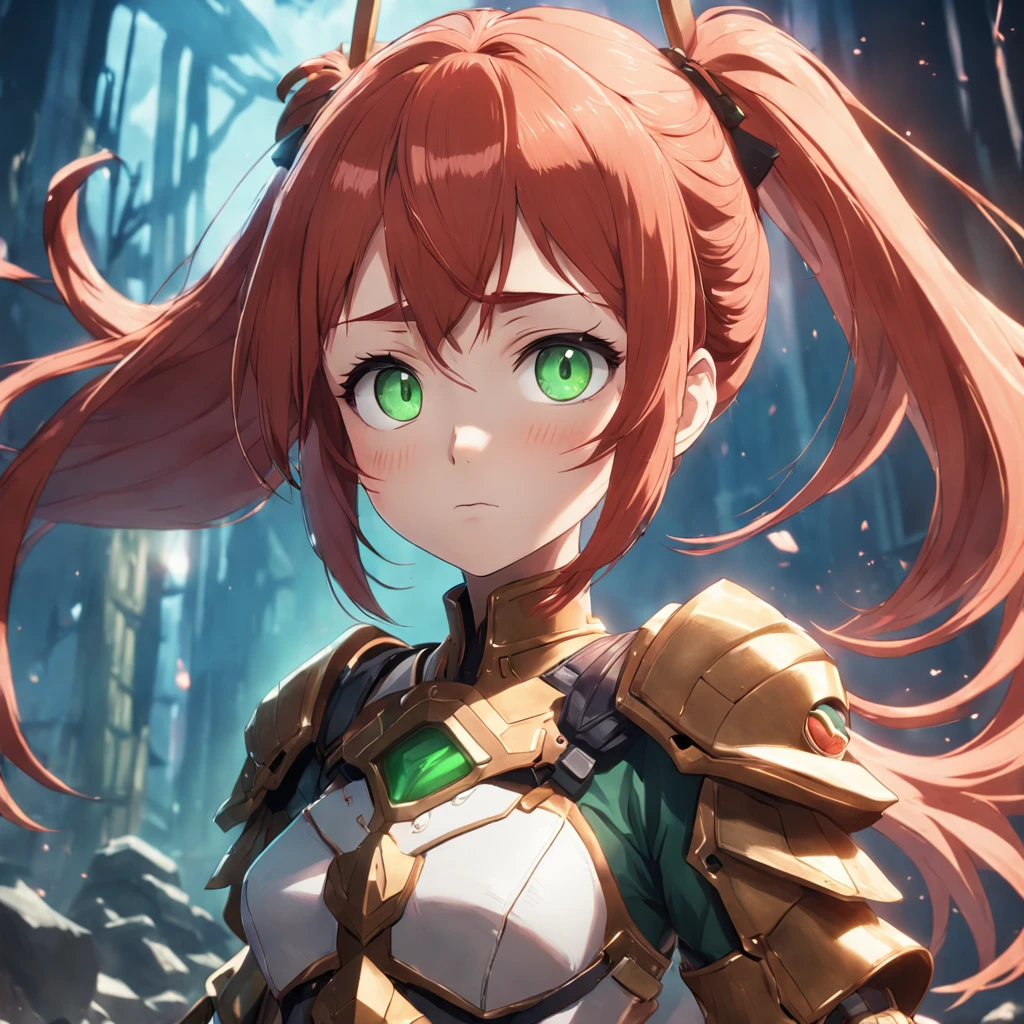 a female character in the same armor with red hair and green eyes, in the style of unreal engine, fullbody, soft shading, beautiful and loving illustrations in a consistent style for children books