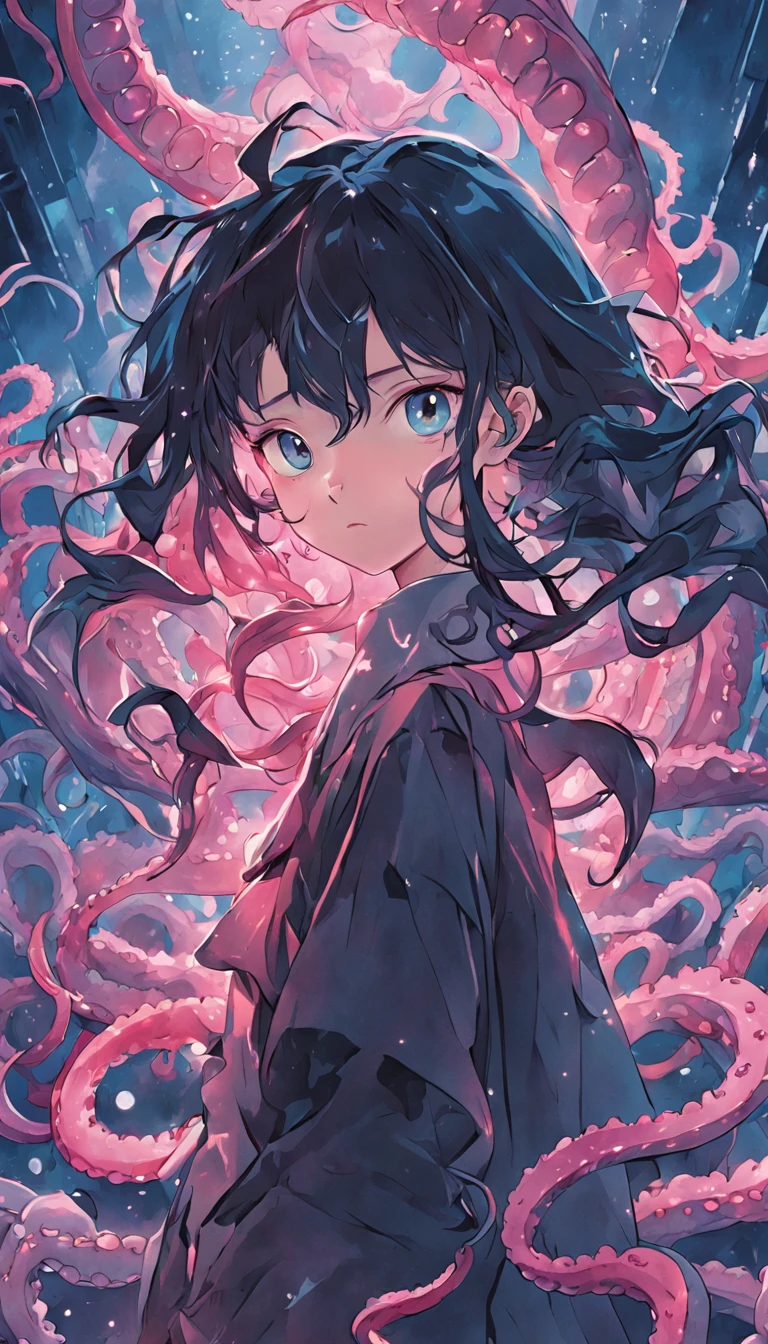 Iconic album cover, illustration with dozens of octopus tentacles surrounding a beautiful Asian girl, vivid big eyes, distorted characters, featuring dark academia, surreal manga style, limited perspective, dark preppy style , Daniel Gerhardt Style