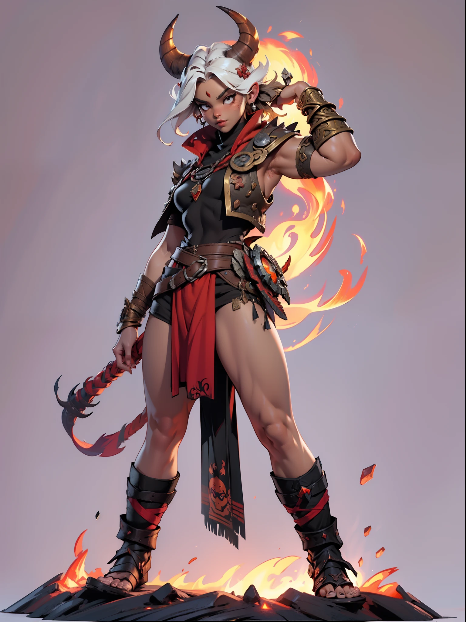 ((top-quality))、((tmasterpiece))、((Full body photo of a woman))、((very simple background))、(Game character design)、amazon warrior，Primitive barbarian tribal style，((The fire element fuses with clothes，Fire element chest shell))，exposed navels，Animal skin clothing，cloaks，Red clothes，Red demon monster、monster design，(the fire goddess，Flame element merging)、Cartoony、Beastman、Ivory ornaments、独奏、Fighting posture，Riot game concept art