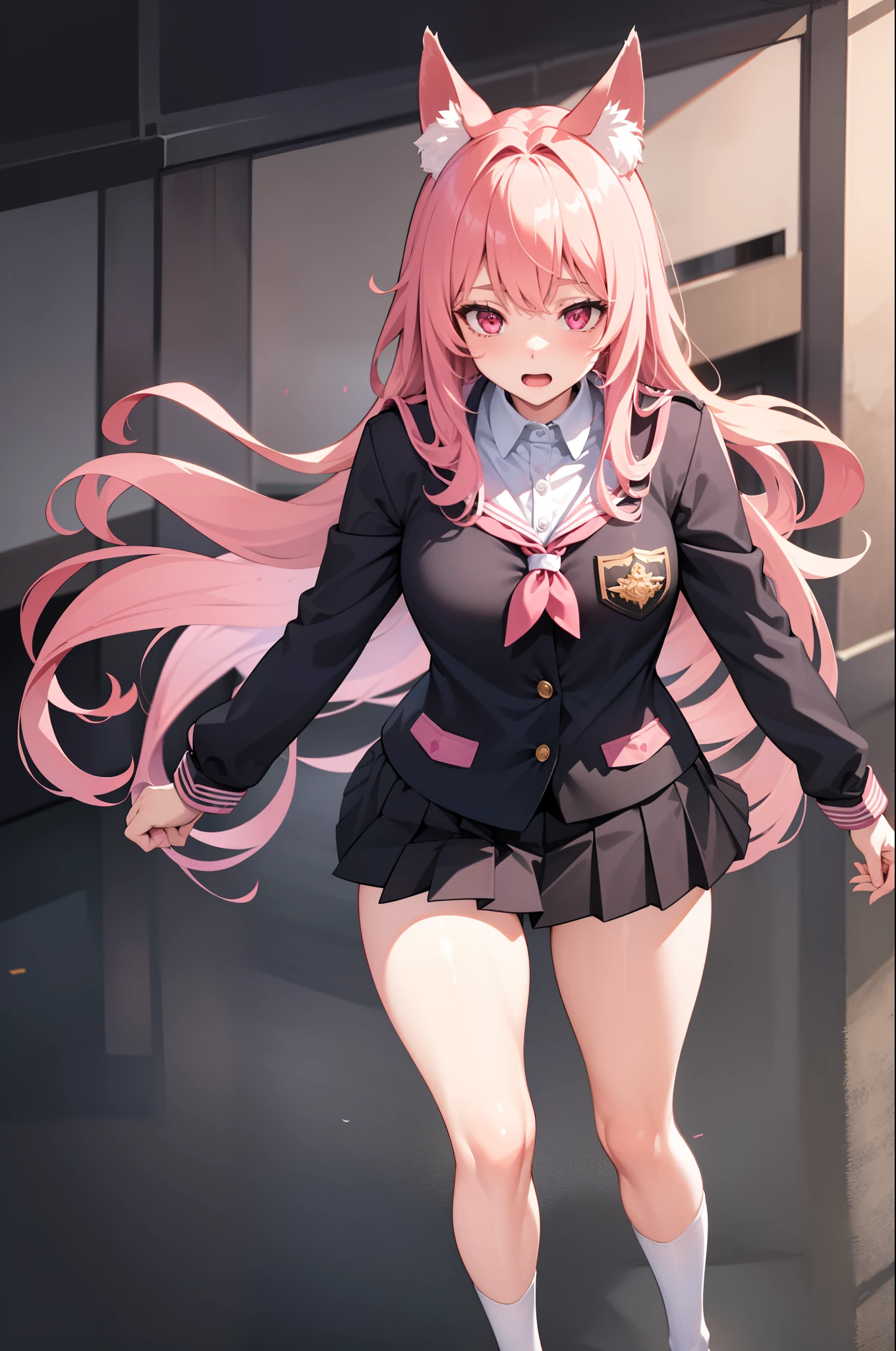 1girl, School Corridor, school uniform, From directly above, running,, Masterpiece, Best Quality, Highly detailed, Adult girl, Correct anatomy, rose hair, hairlong, fox pink ears, pink eyes