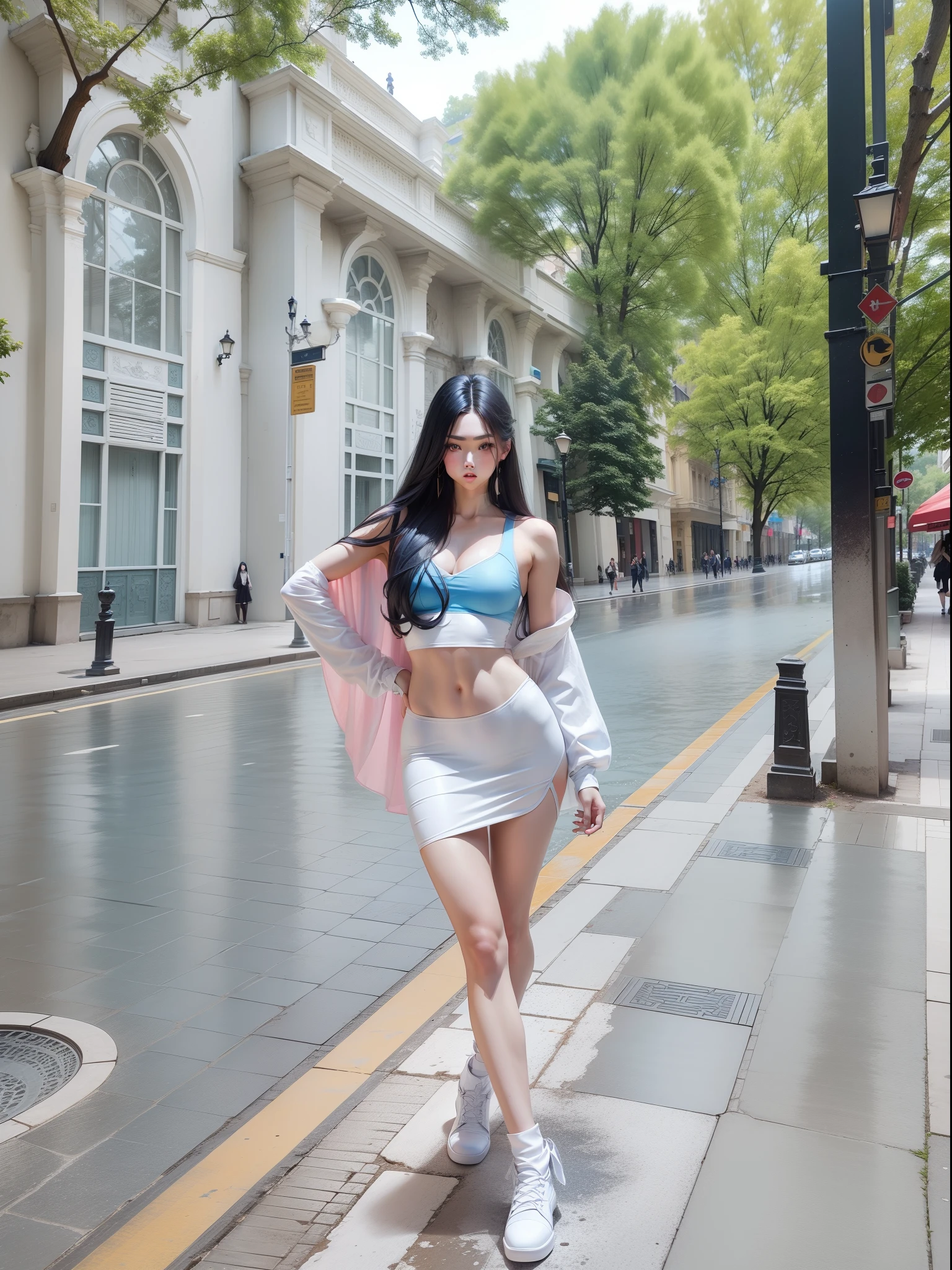 long whitr hair,Clothes come in a variety of colors,blue color eyes,Tall and tall,Super high appearance,Multiple body poses posing,Model showcase。