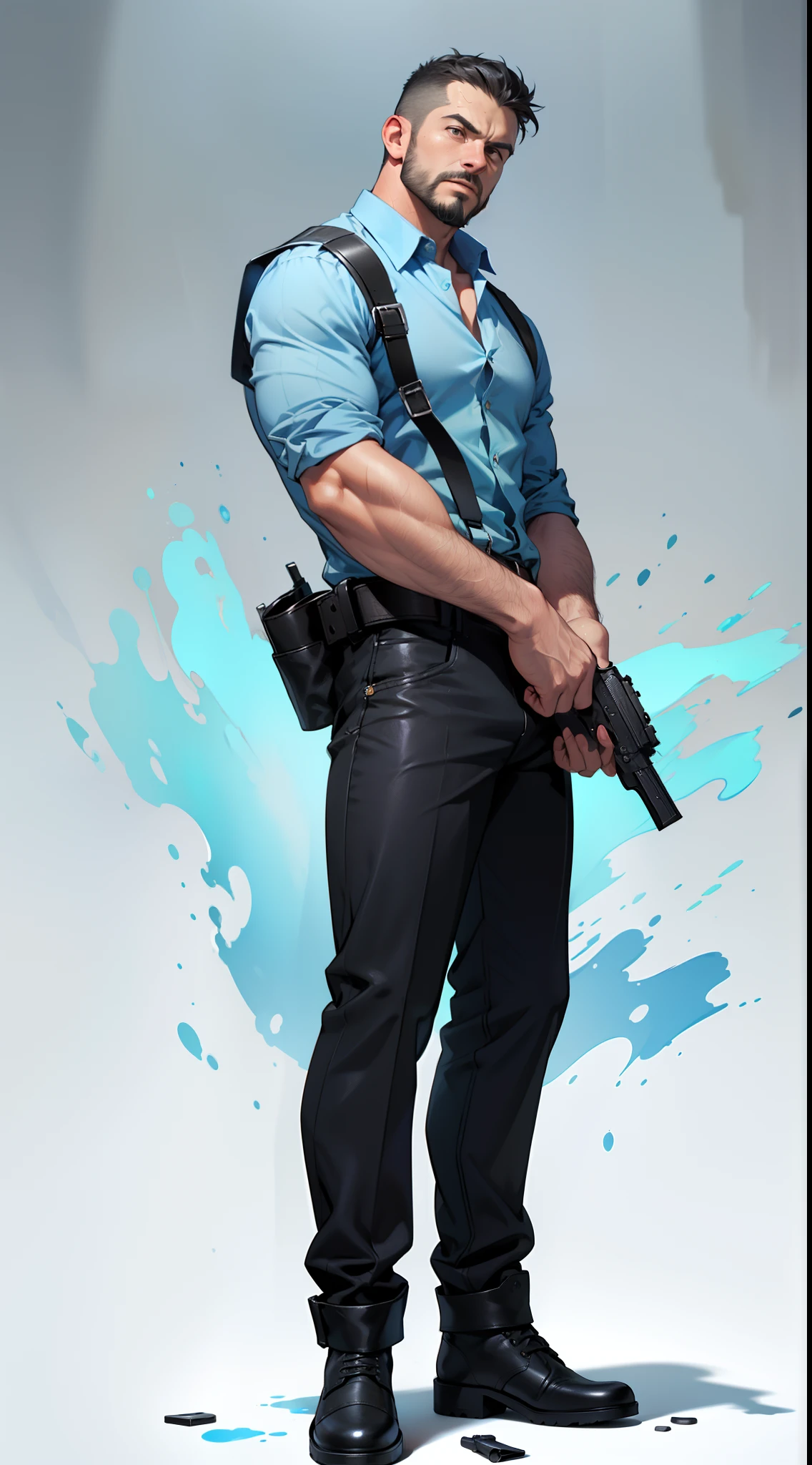 1 man, male focus solo, middle aged man, tall, lean muscle, light blue shirt, black leather shoulder holster, faded black trouser, full body shot, black short hair, facial hair, holding a pistol with two hands, (pistol:1.2), ultra high quality, masterpiece, low camera angle, intense splashed blue and white paint in the blackground