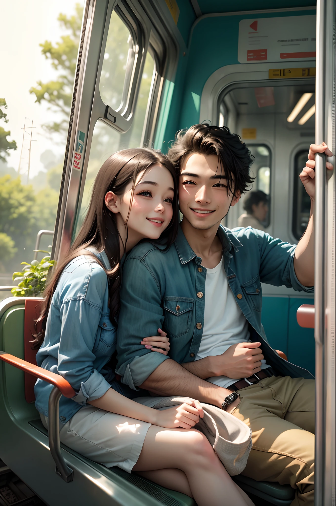 Cute couple sat at train door , clear hd face, happy, beautiful weather , greenery, train running from forest route.