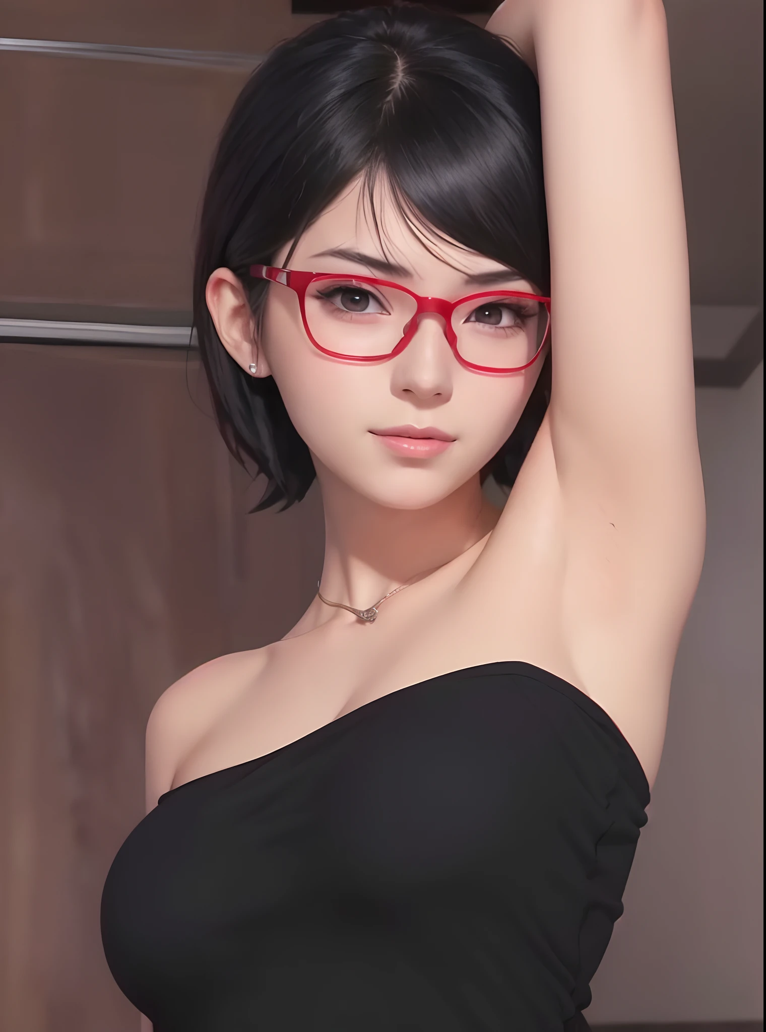 1girl, sarada uchiha in anime naruto, short hair, sexy skirt, black hair, red eyes, smile, beautiful, (shirtless:1.2), wearing glasses red, very big breast, sexy skirt, realistic clothes, indoor background, ultra detail, realistic, (topless:1.3, nipples)