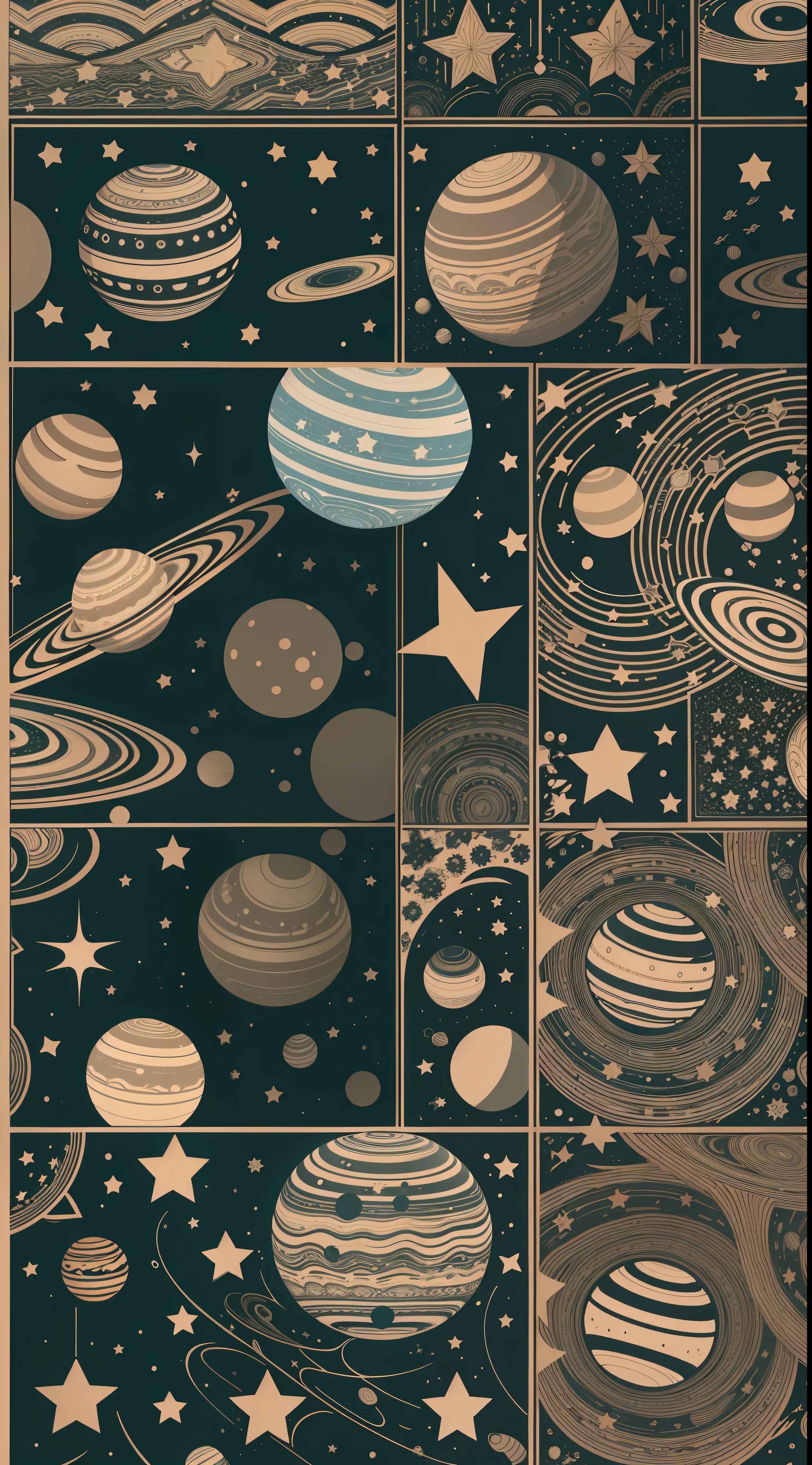 Seamless patterns of planets and stars, cosmic design, illustrator design.