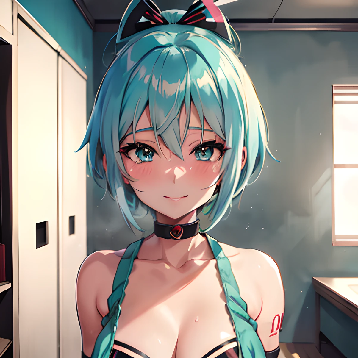 Anime girl with green hair and blue eyes in the room, Fubuki, Mikudayo, hatsune miku short hair, anime moe art style, Teasing smile, Anime girl with teal hair, Kantai Collection Style, Ecchi anime style, biomechanical oppai, Rei Hiroe, Rei Ayanami, rogue anime girl ayanami rei