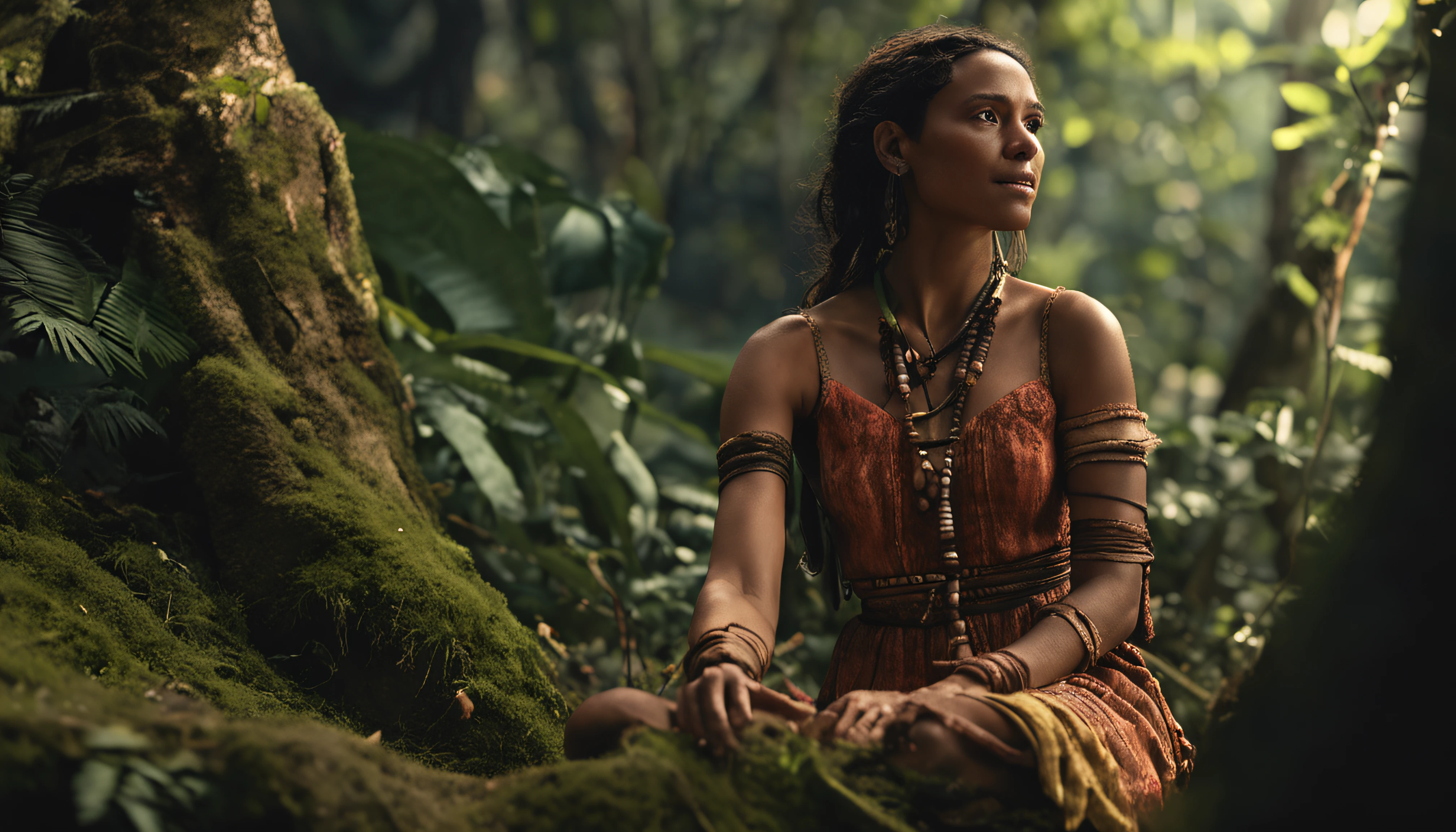 "An afared prehistoric woman wearing a traditional dress, sitting in a lush forest. She has a highly detailed and perfect face. The view is dynamic, with a high-angle perspective and frontal lighting, emphasizing the high level of detail."