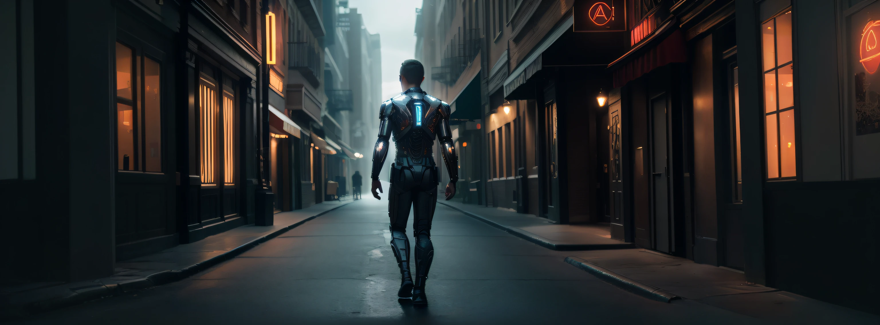 a picture of one humanoid half human half cyborg wandering in a metropolis with the sunset at background. (full body photo, masterpiece, best quality, ultra realistic, 32k, RAW photo, detailed skin, 8k UHD, DSLR.high quality, film grain, Realism, detailed, professional, photorealistic, realistic, high-resolution, detailed, stunning, professional, lifelike, cinematic lights, cinematic atmosphere, cinematic composition, cinematic colorgrading, Adobe Photoshop 2023).