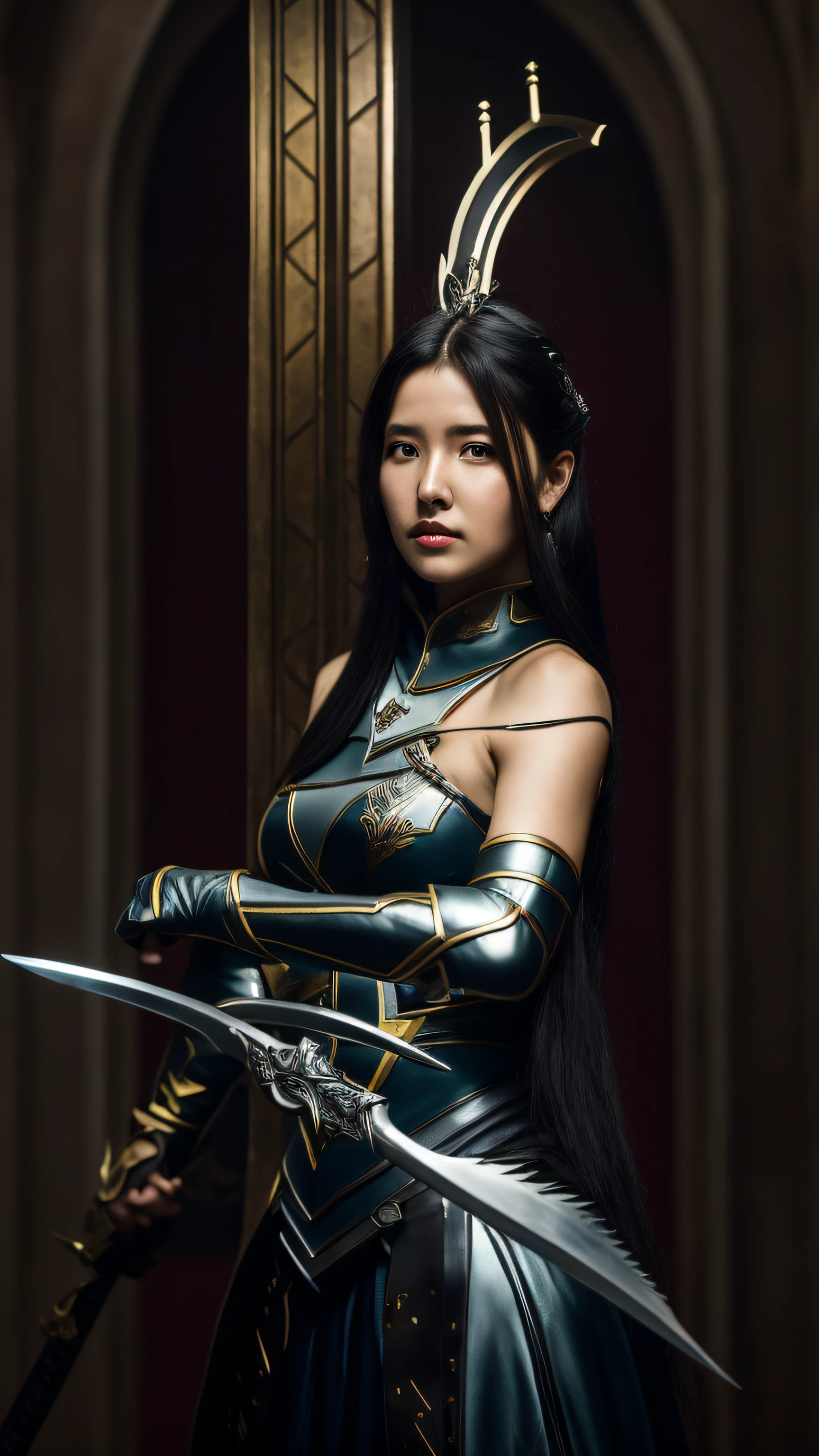 mulher em um traje segurando uma espada e uma espada, Foto do personagem de fantasia, linda guerreira, portrait knights of zodiac girl, elven warrior princess, iu lee ji-eun as a super villain, assassina feminina bonita, cinematic goddess shot, uma bela mulher guerreira, she is holding a sword, Ornate Korean polearm behind her, princesa guerreira