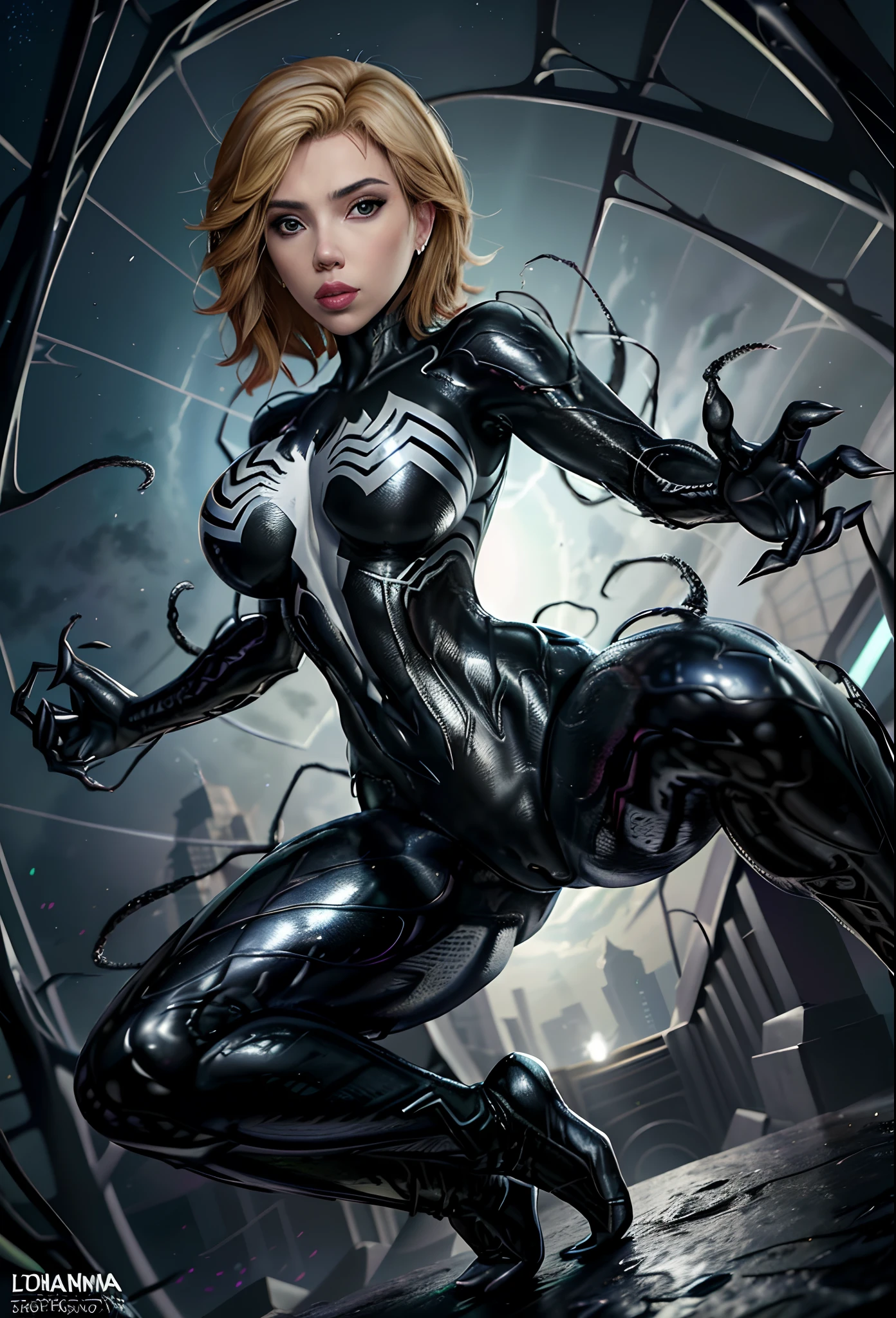 Obra-prima, 8k, realista,  good ilumination, (((Scarlett Johansson garota de 28 anos, terno preto do homem aranha venom com aranha branca no peito, loira))), cabelo comprido e sem corte, rosto bonito, chuva, telhado, obra-prima, detalhes trincados, anatomia perfeita, dinamic pose, pose de aranha