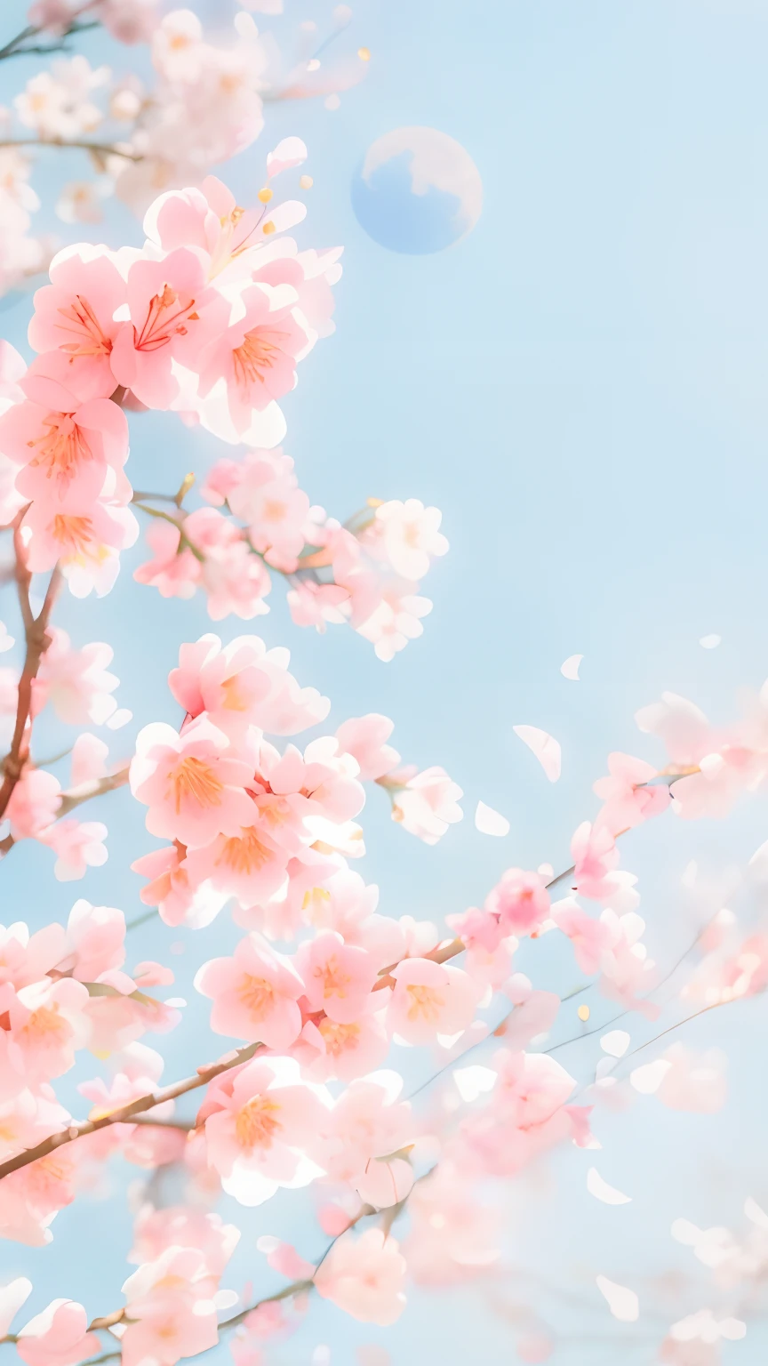 There is a pink flower tree,The background is blue sky,There is a white curved moon in the sky, sakura bloomimg, Sakura flower, cherry blossom, Cherry blossoms, sakurabackground, cherry blossoms falling, flowing sakura-colored silk, SakuraNS, flowing sakura silk, cherry blossoms in the wind, sakura blooming on background, SakuraNS, lush sakura, sakura season dynamic lighting