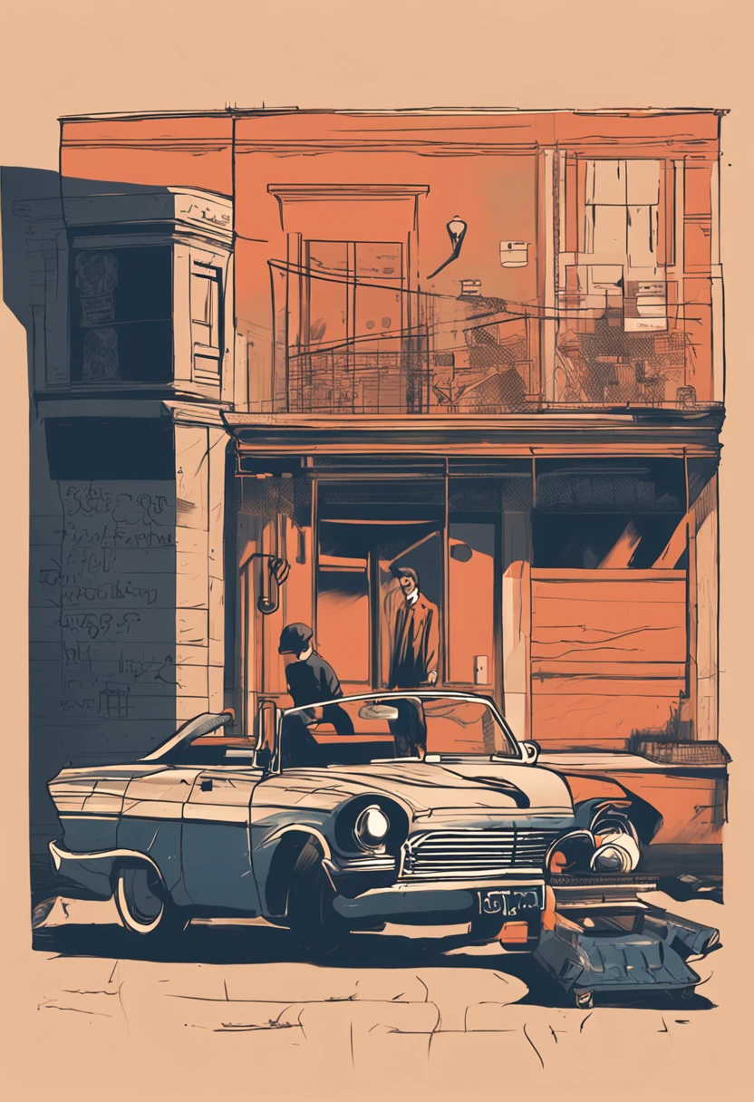 Illustration of Olly Moss, a man standing in front of a house with a car parked in front of him on a blue background