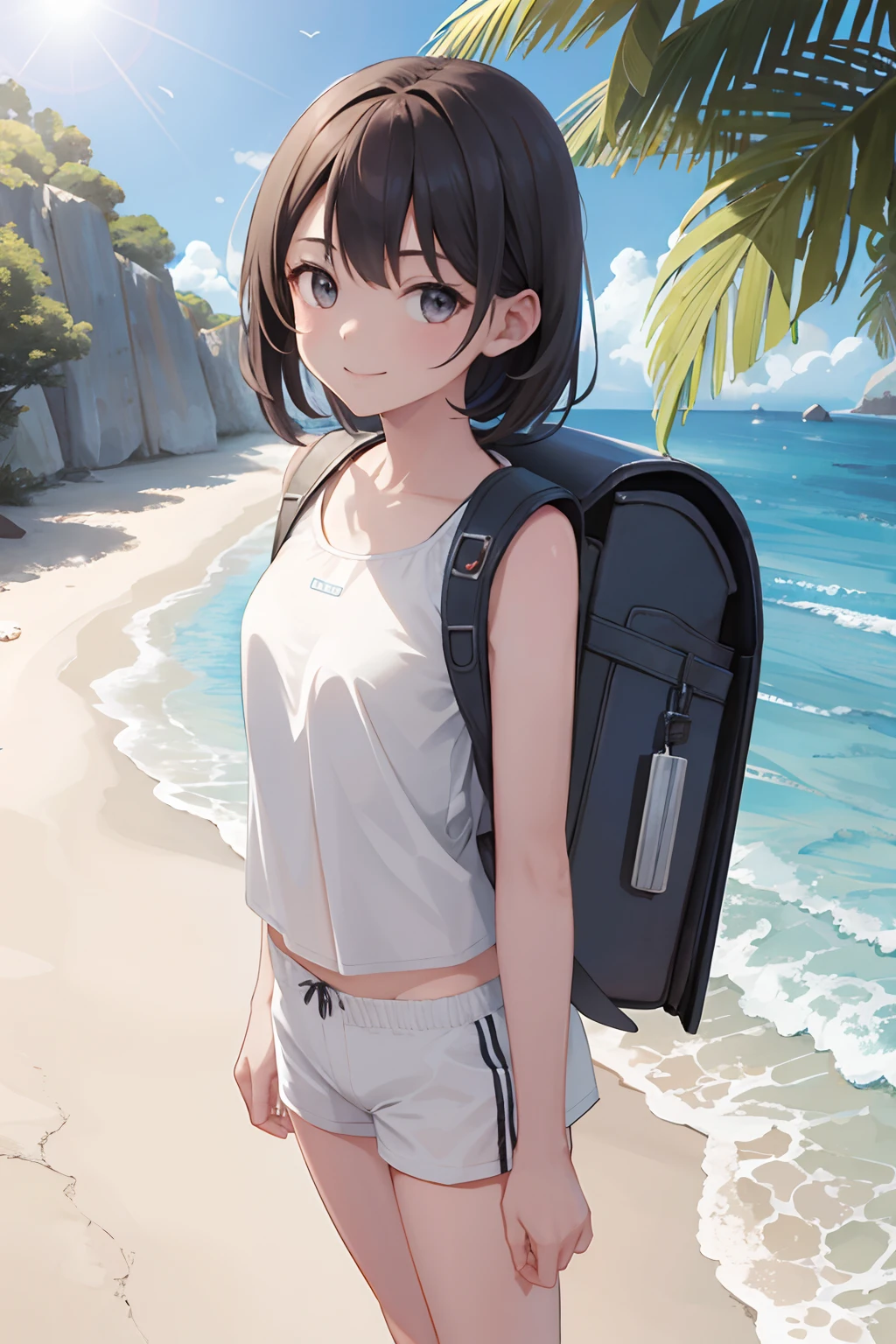 masterpiece, best quality, high resolution, extremely detailed, detailed background, cinematic lighting, 1girl, young woman, looking at viewer, beach, white tanktop, boxer shortpants , smile, wearing  backpack, (backpack:1.0), travel backpack, standing, fullbody, day, sunlight