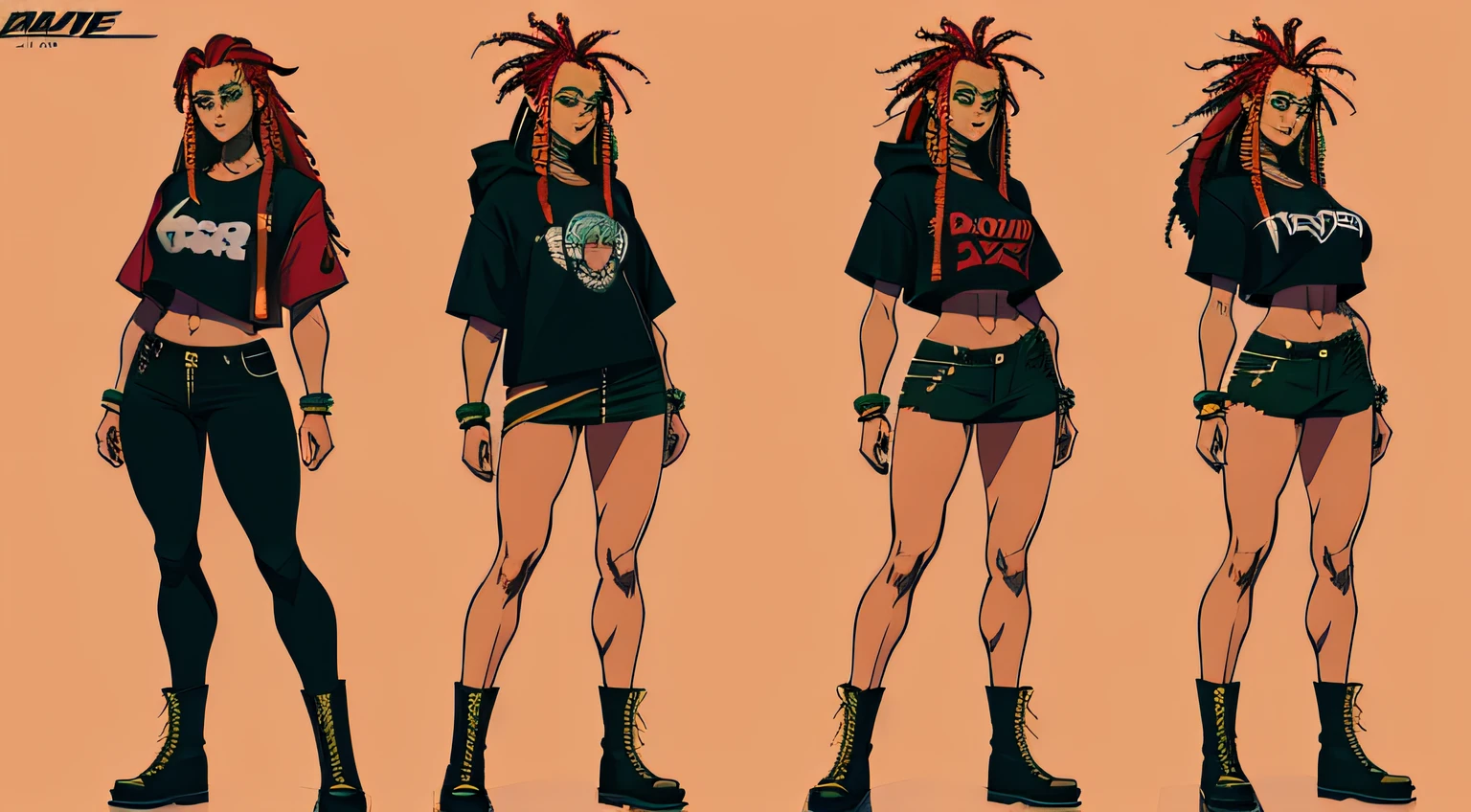 Character design sheet, different poses, dread, female, long dreads, red hair, hippy clothing, modern hippy aesthetic, different angles, top quality, pretty face, green eyes, dr martens, boots, black boots, t shirt, long zip hoodie, colourful, crop top, 8k
