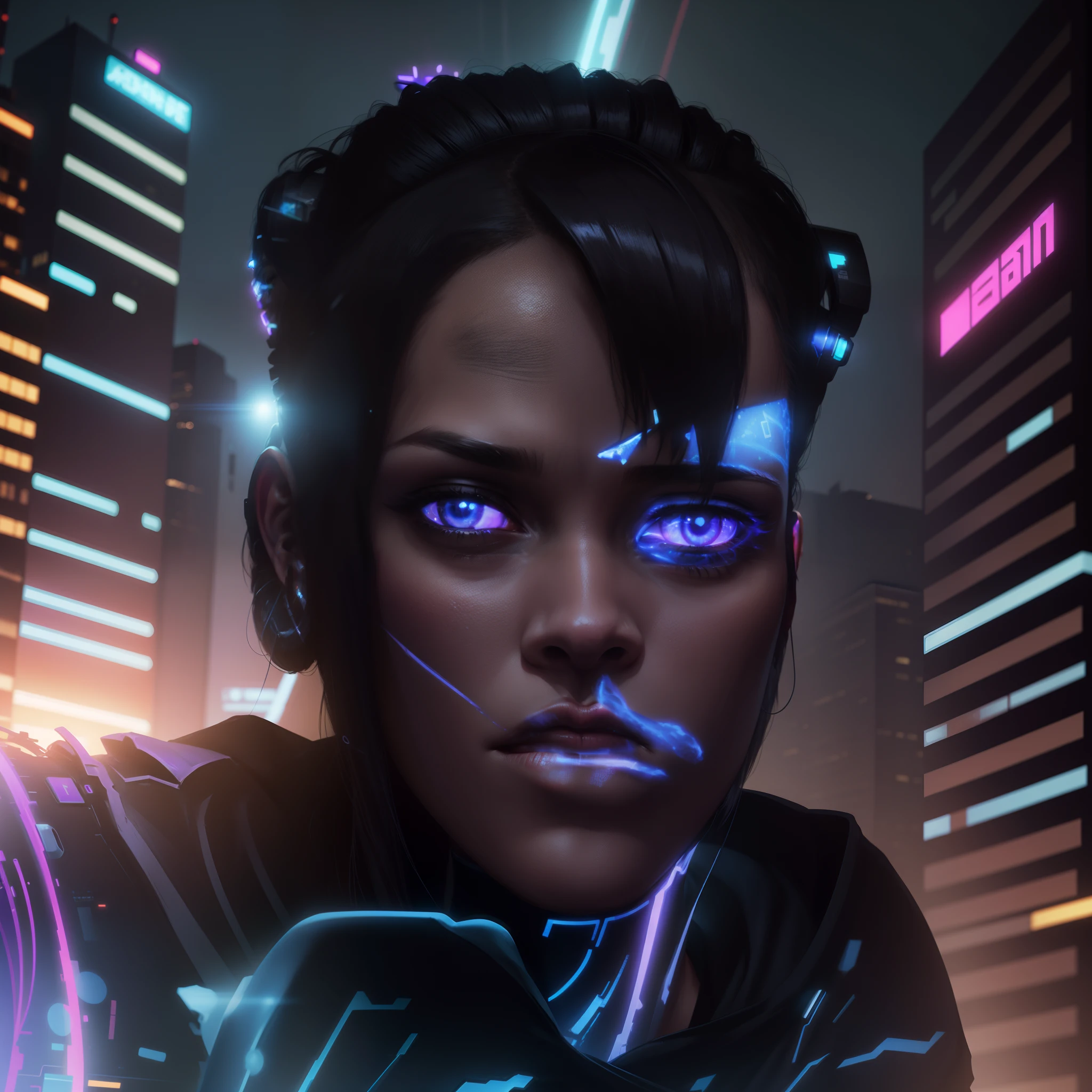 "Create a cyberpunk avatar for me with a futuristic and edgy face. Incorporate vibrant neon colors, augmented facial features, and unique accessories that capture the essence of the cyberpunk genre."