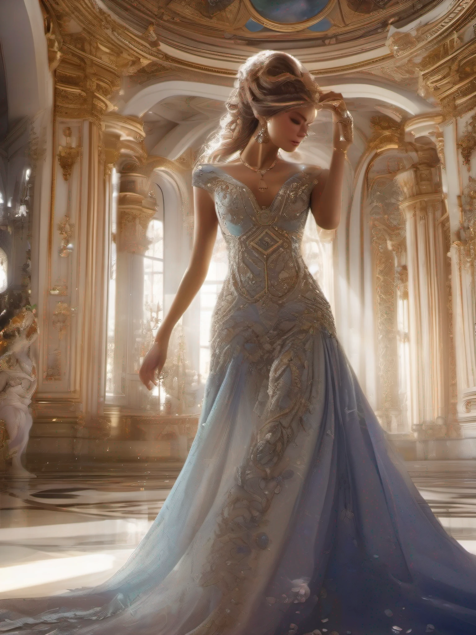 1girll，A princess，Beautiful princess dress，Coiled hair，Crystal shoes，dance，In the opulent royal palace，Escultura，wall paintings，Resplendent，All eyes are watching，Panorama Figures