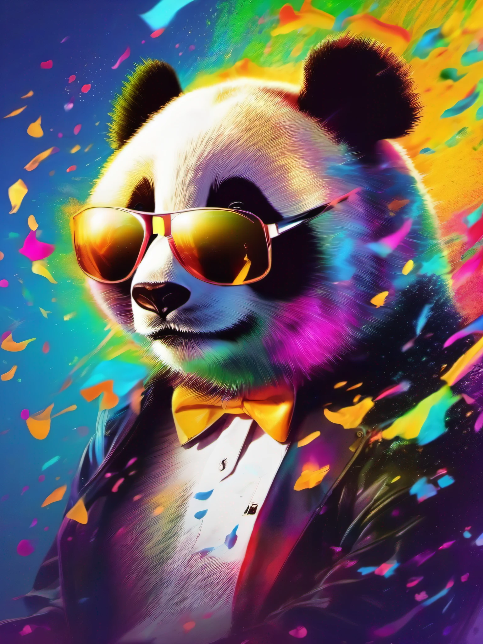 Powder particles exploding and scattering in the background、Vibrant colors、A fun looking panda is wearing sunglasses。
