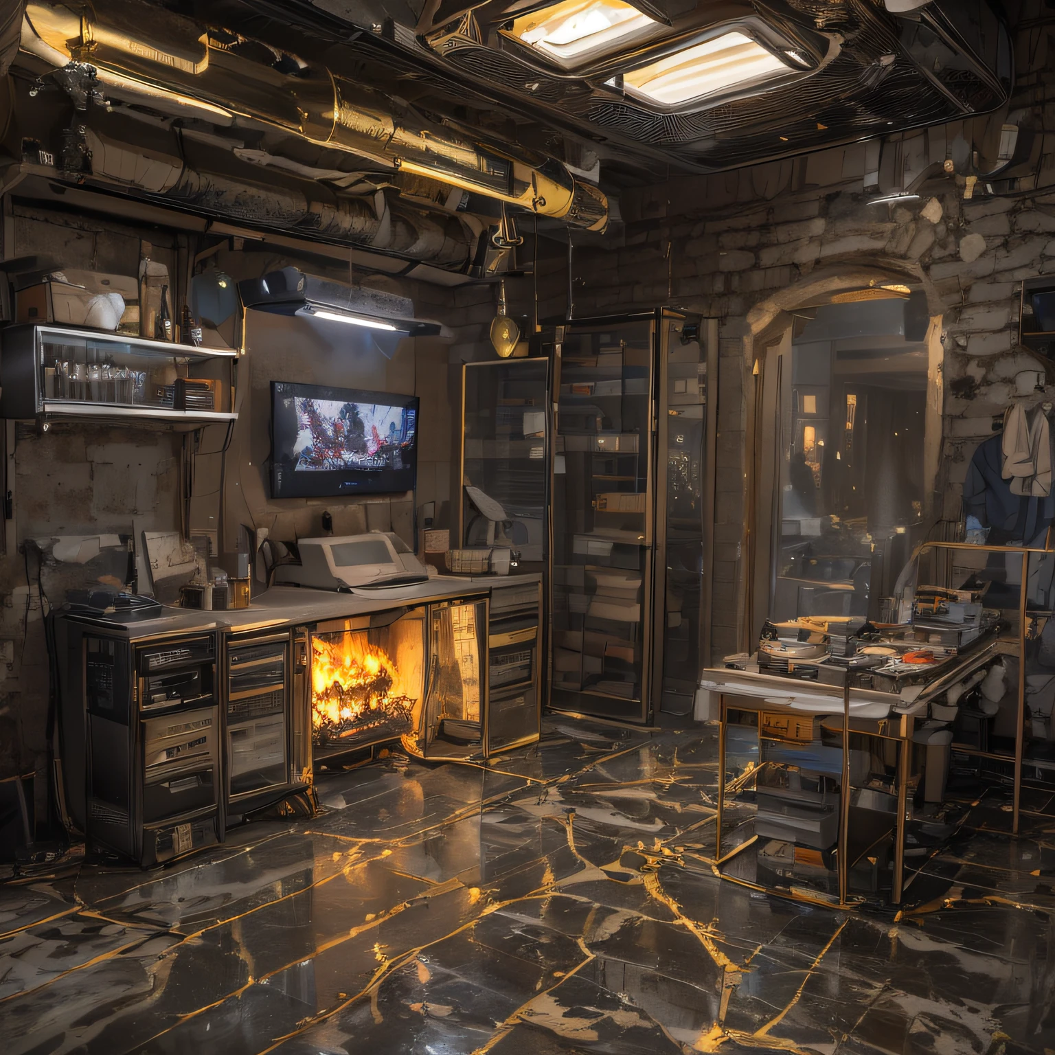 backrooms,deep in the night,Black and gold wire marble floor,Fire bonsai cyberpunk,hyper HD,Atmospheric camping lights,There is a skylight,disuse,Nuclear contamination,Severe nuclear contamination