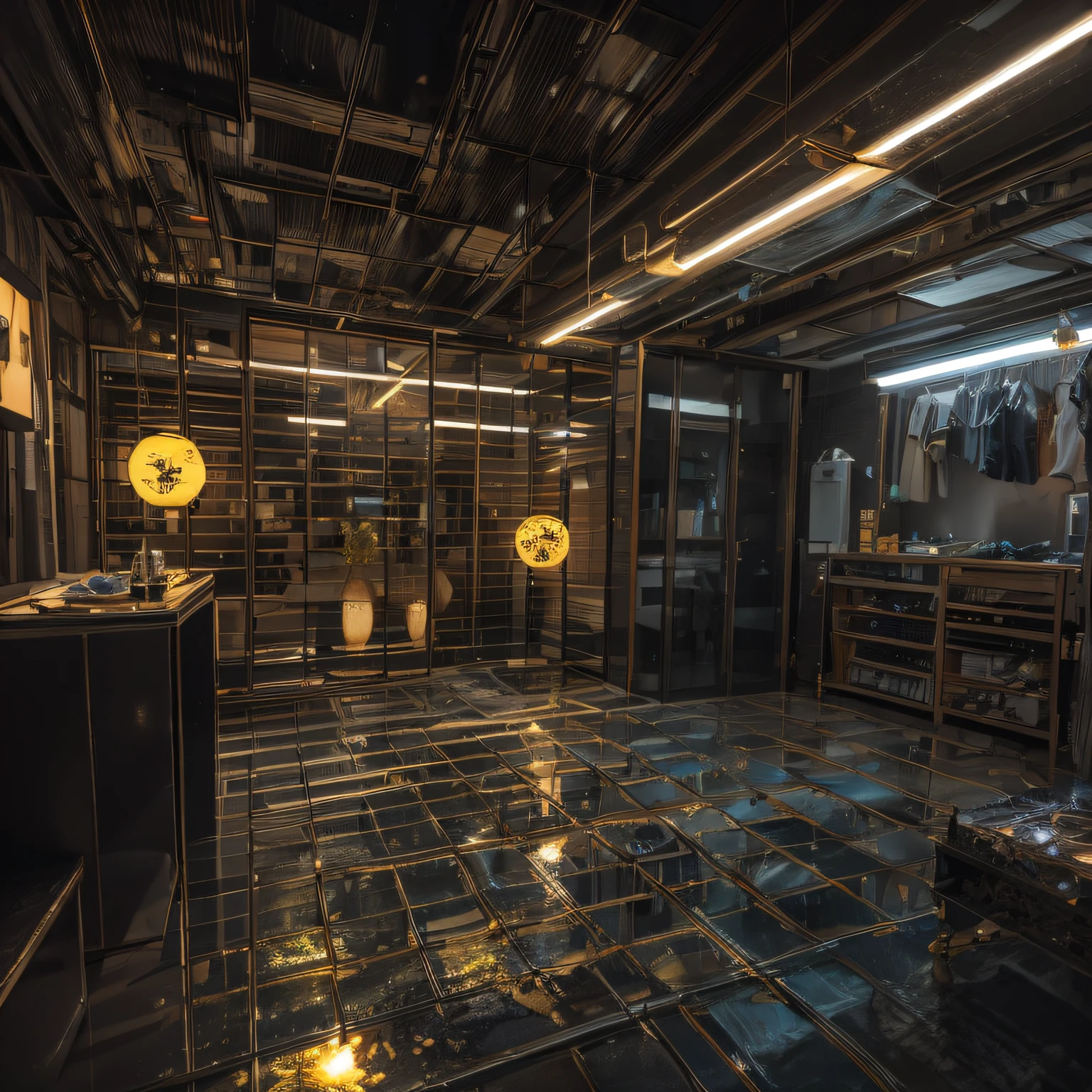 backrooms,deep in the night,Black and gold wire marble floor,Fire bonsai cyberpunk,hyper HD,Atmospheric camping lights,There is a skylight,disuse,Nuclear contamination,Severe nuclear contamination