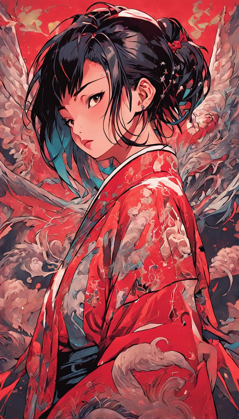 movie posters featuring the tattooed asian woman, in the style of aggressive digital illustration, light red, rap aesthetics, fabian perez, fragmented realism, david michael bowers, high contrast chiaroscuro