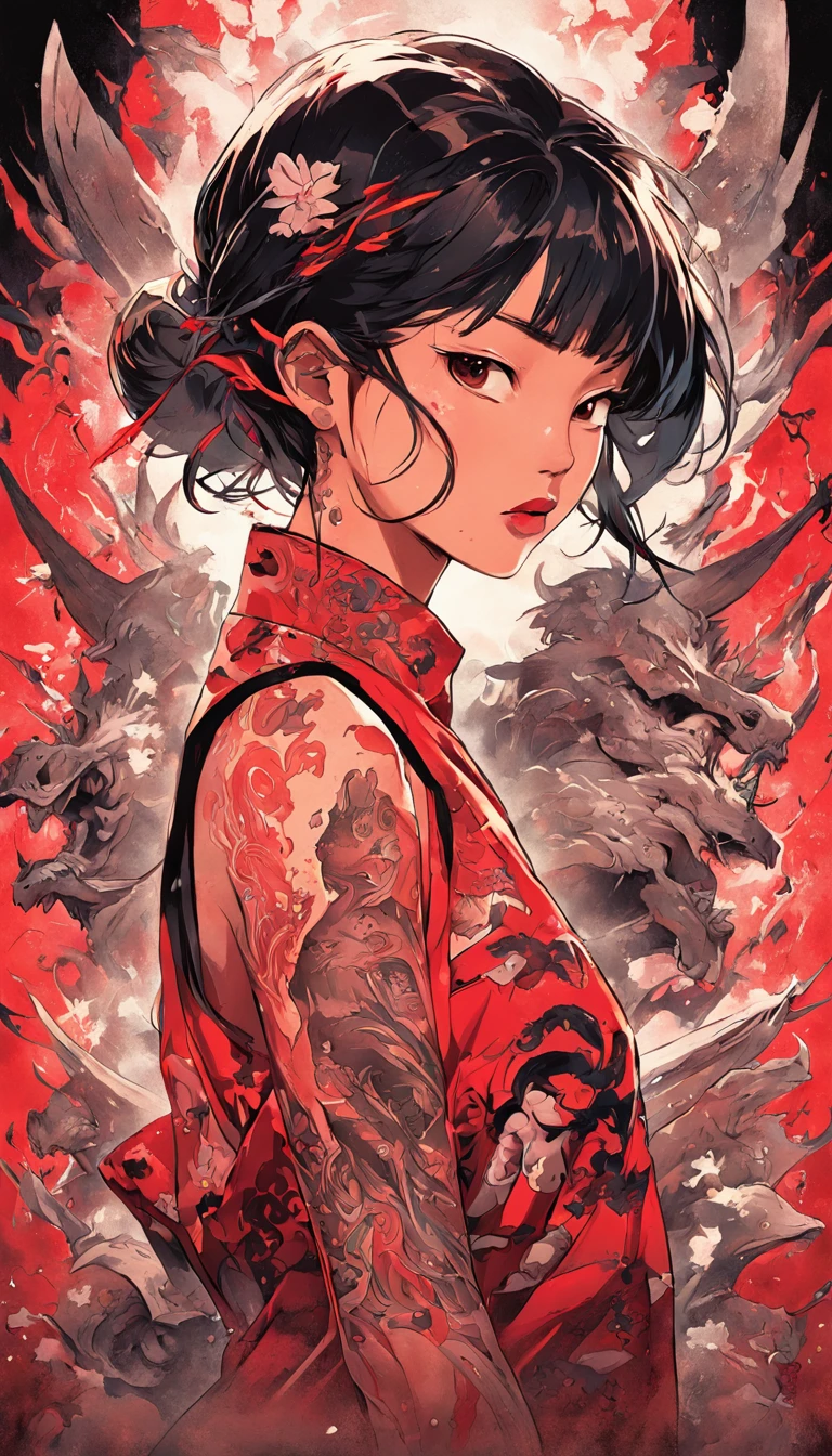 movie posters featuring the tattooed asian woman, in the style of aggressive digital illustration, light red, rap aesthetics, fabian perez, fragmented realism, david michael bowers, high contrast chiaroscuro