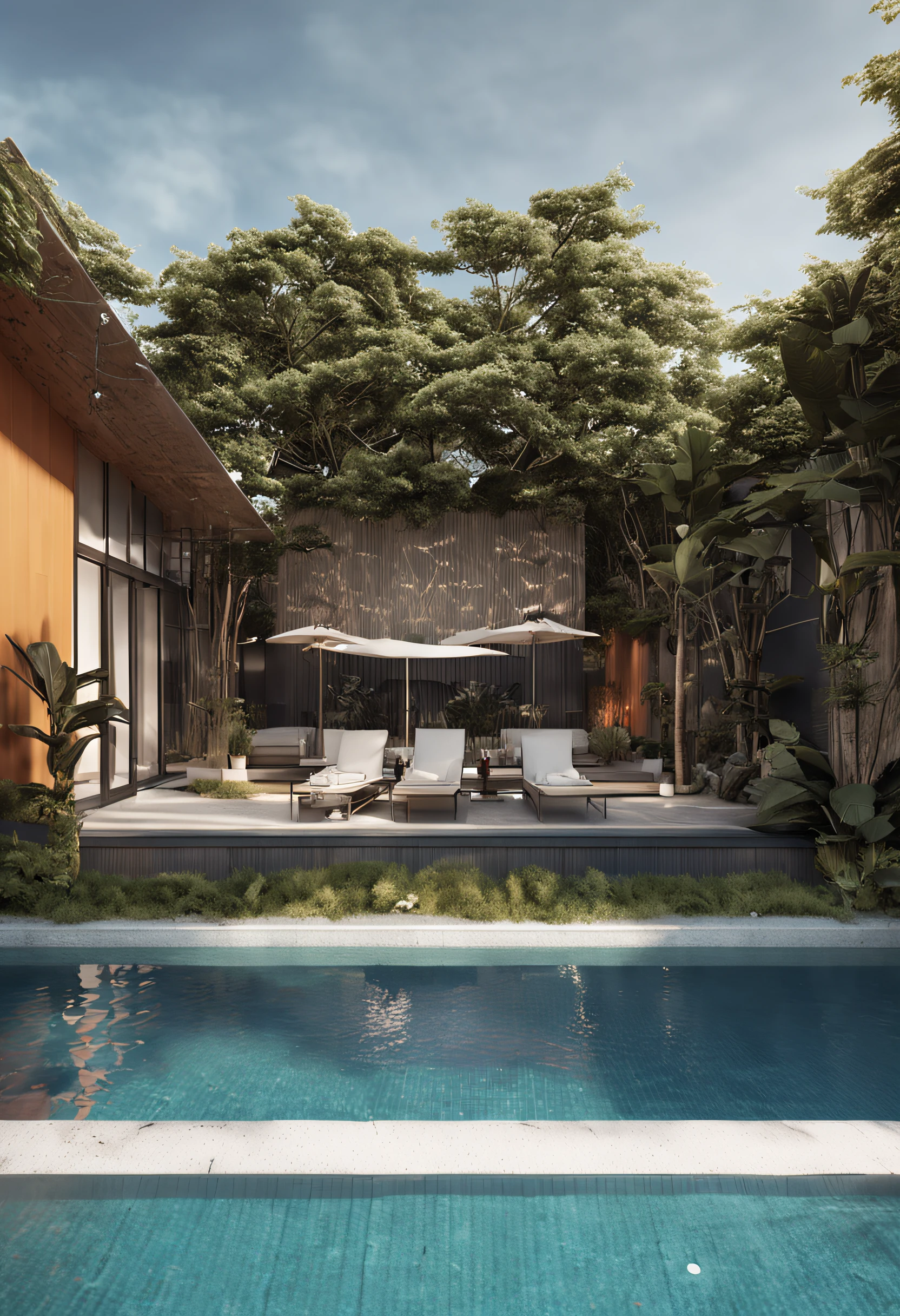 On one side of the courtyard there is a private pool and fitness area。The design of the pool is simple and modern,There is clear blue water and comfortable poolside,For people to enjoy swimming and splashing in the water。The fitness area is equipped with equipment and yoga mats,Provide opportunities for people to exercise,Let people enjoy health and vitality outdoors。