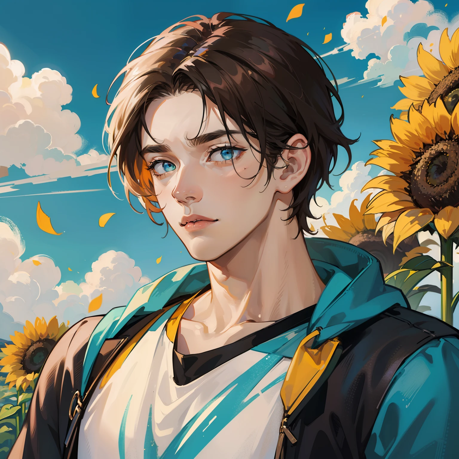 Best quality, masterpiece, potrait, avatar, half-body, 1 man, tall muscular guy, male, man focus, man only, short brown hair, turquoise eyes, simple T-shirt, 3/4 side, bright eyes, brilliant scene, sky, looking down, looking at the viewers, sunflower field background, flying petals