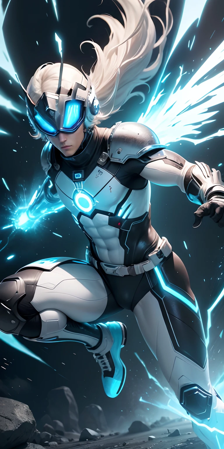 Maximum resolution 8K, La mejor calidad posible, Genial, Elemental de fuego blanco, Male hero, Ethereal Hero Plasma Hair Athletic Suit, (Armadura hecha de plasma que rodea todo su cuerpo: 1.7), Guantes y botas, action pose, Add effect at the end, plasma particles