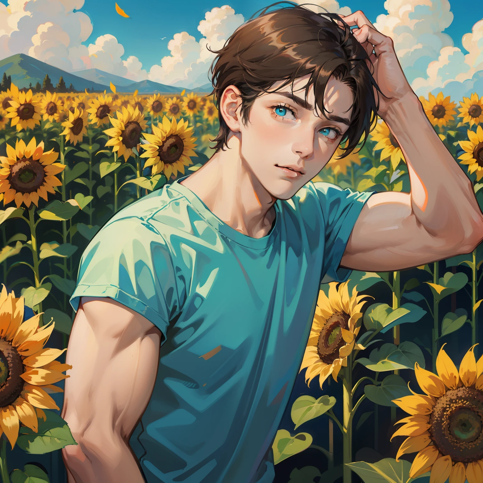 Best quality, masterpiece, potrait, avatar, half-body, 1 man, tall muscular guy, male, man focus, man only, short brown hair, turquoise eyes, simple T-shirt, 3/4 side, bright eyes, brilliant scene, sky, looking down, looking at the viewers, sunflower field background, flying petals