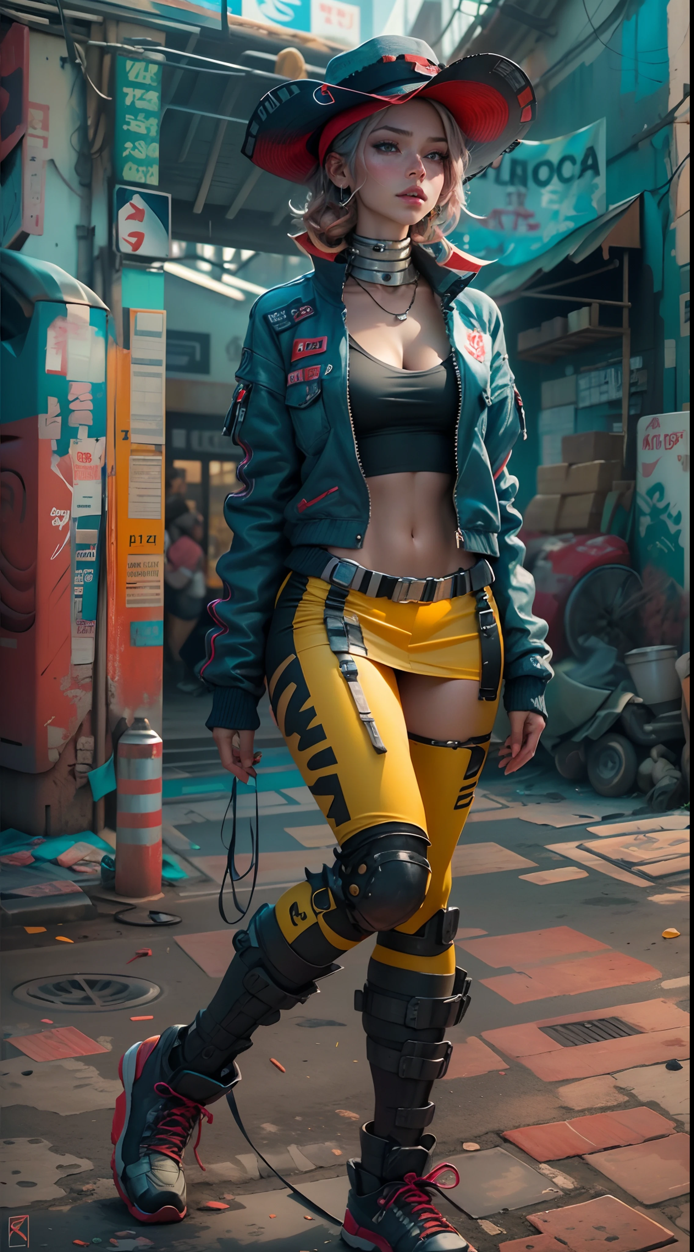 motor irreal:1.4,CG ultra realista 64K, fotorrealista:1.4, textura de la piel:1.4, obra maestra:1.4,Hermosa mujer con sombrero de pelo largo、Ropa corta estilo cyberpunk color amarillo, pantimedias red , mini skirt blue,