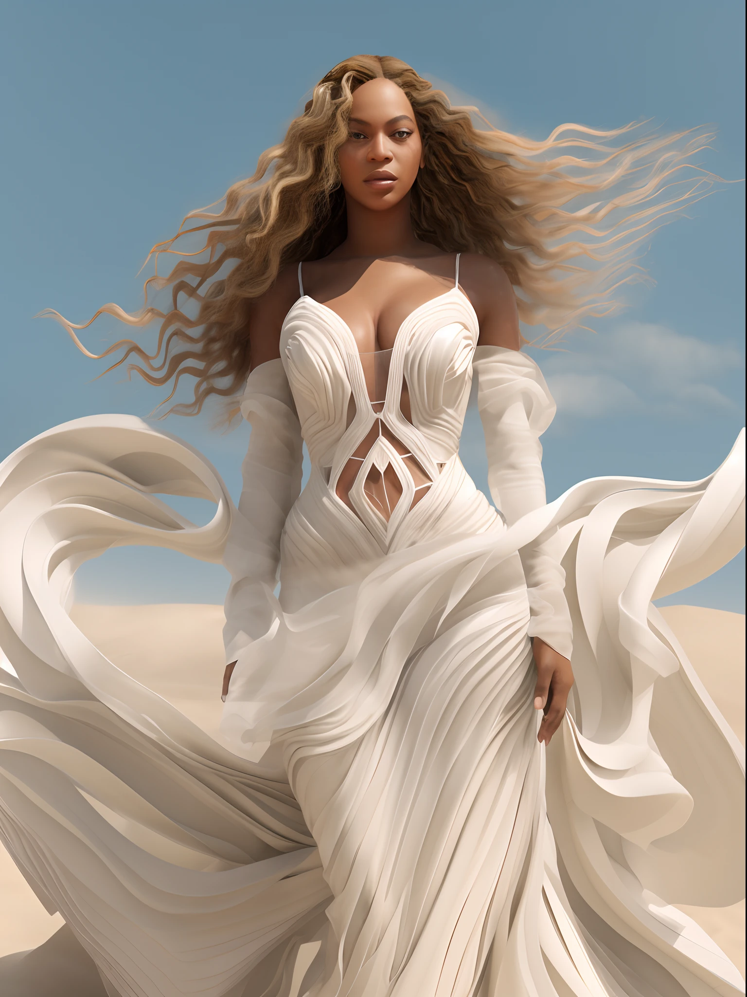 Beyonce like a model in white wedding gown pose in sand, in the style of futuristic chromatic waves, realistic and hyper - detailed renderings, african influence, flowing fabrics, bold lines and contrasts, unreal engine 5, wrapped