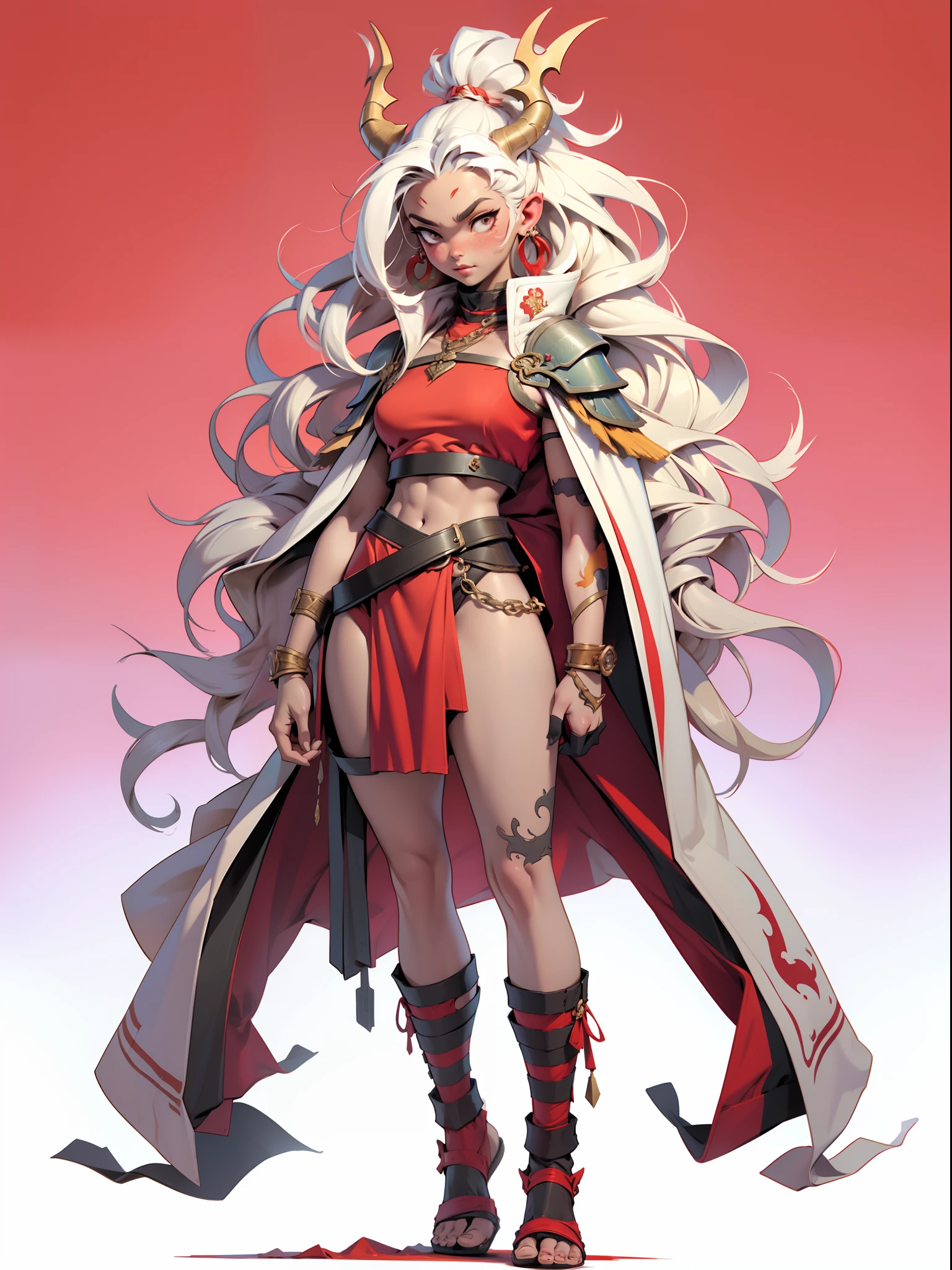 ((top-quality))、((tmasterpiece))、((Full body photo of a woman))、((very simple background))、(Game character design)、amazon warrior，Primitive barbarian tribal style，((Red cuirass bandeau))，exposed navels，Animal skin clothing，cloaks，Red clothes，Red demon monster、monster design，(the fire goddess，Flame element merging)、Cartoony、Beastman、Ivory ornaments、独奏、Fighting posture，Riot game concept art