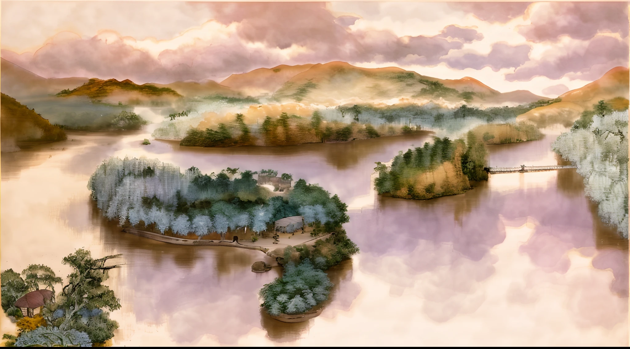 tmasterpiece，Best quality at best，high qulity，the Extremely Detailed CG Unity 8K Wallpapers，scenecy，exteriors，Skysky，​​clouds，without humans，rios，island，There are pavilions on the island，There are curved bridges between the islands，Eau，The tree，blue-sky，naturey，lakes，Cloudy sky，award winning photography，Background bokeh，depth of fields，HDR，blooms，color difference，真实感，The is very detailed，Trends on Artstation，Trends on CGSociety，iintricate，high detal，dramatics，Midjourney art --auto