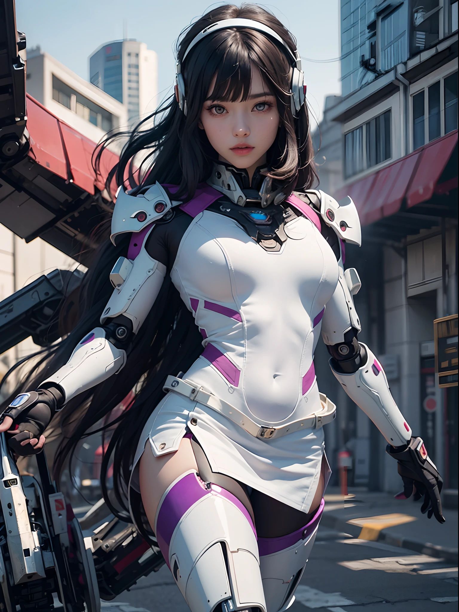 Unbeatable masterpiece, Ultra photo realsisim, Perfect artwork, Intricate details, Best quality, Strong light,High contrast, 1girll , Solo , Walking , Dutch angle ,view the viewer , Serious , V-shapped eyebrows , Mecha , Mecha musume .mechanicalparts , Mechanical limbs ,Mechanical joints , Mechanical spine ,Headgear , Black hair , Wavy hair , Long hair ,(Blunt bangs) , Floating hair , Purple eyes ,White pupils