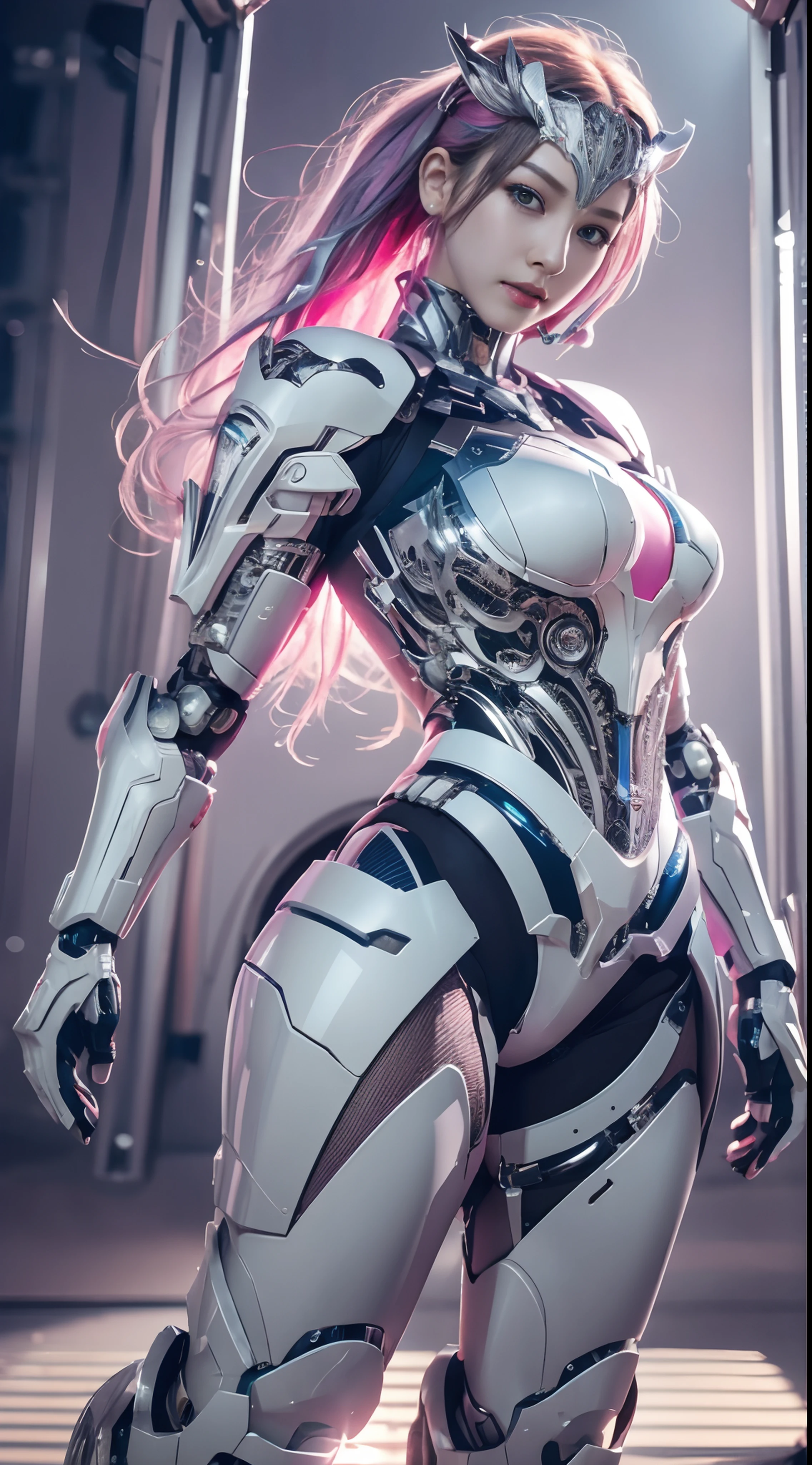 Un primer plano de una mujer con un traje rosa posando para una foto, (cuerpo cyborg ginoide:1.4), biomechanical oppai, anime robotic mixed with organic, cuerpo ginoide, Linda Chica Cyborg, highly detailed cybernetic body, girl in mecha cyber armor, Perfecto anime cyborg mujer, Chica cyborg, Chica androide perfecta, Broken hermosa mujer androide!,More detailed 8K.motor irreal:1.4,UHD,La mejor calidad:1.4, fotorrealista:1.4, textura de la piel:1.4, obra maestra:1.8,obra-prima, mejor calidad,objeto Objeto], (detailed face features:1.3),(Apocalyptic city destroyed:1.4),(cabello rosado largo:1.4),（Beautiful and detailed eye description）,(manos:1.4),(Pink Silver Robotic Suit:1.4)
