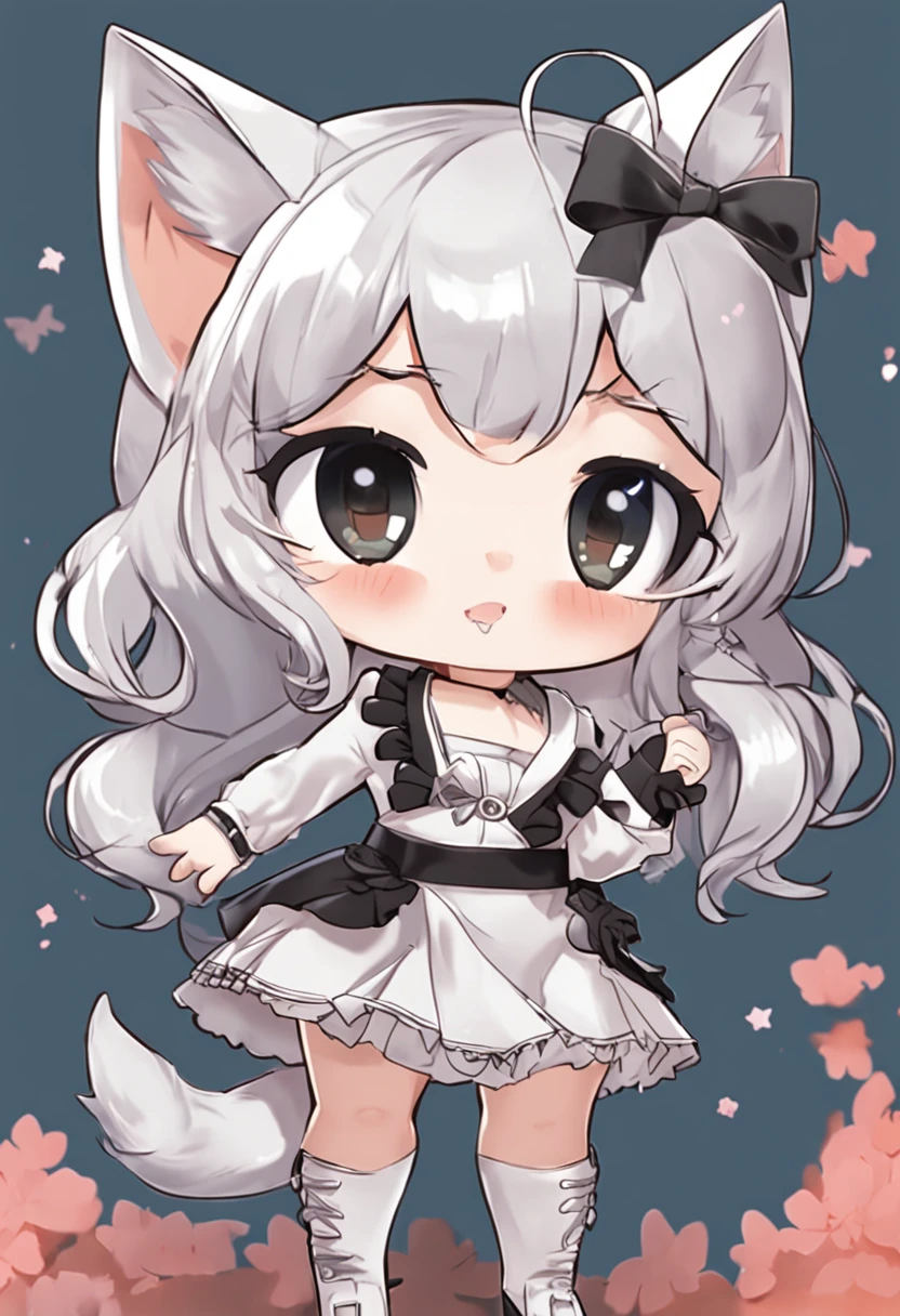 A cartoon cat girl with bow and dress, Cute!! tchibi!!! Cat woman, cute anime catgirl, anime catgirl, anime chibi, Chibi anime girl, Anime moe art style, small curvaceous loli, nyaruko-san, fat chibi grey cat, Chibi Art, chibi anime, Holo is a wolf girl, chibi girl, Kantai collection style