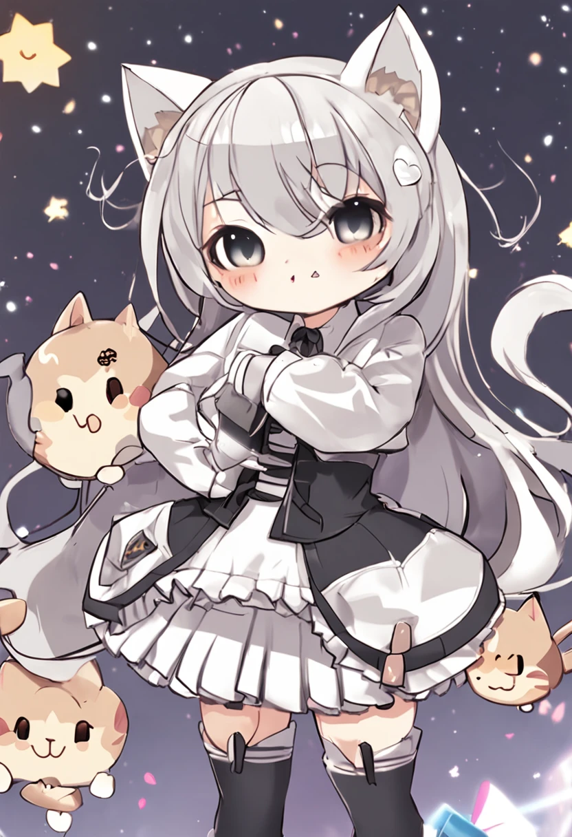 A cartoon cat girl with bow and dress, Cute!! tchibi!!! cat woman, cute anime catgirl, anime catgirl, anime chibi, Chibi anime girl, anime moe art style, small curvaceous , nyaruko-san, fat chibi grey cat, Chibi Art, chibi anime, Holo is a wolf girl, chibi girl, Kantai collection style black clothes silver white hair cute small wings headdress