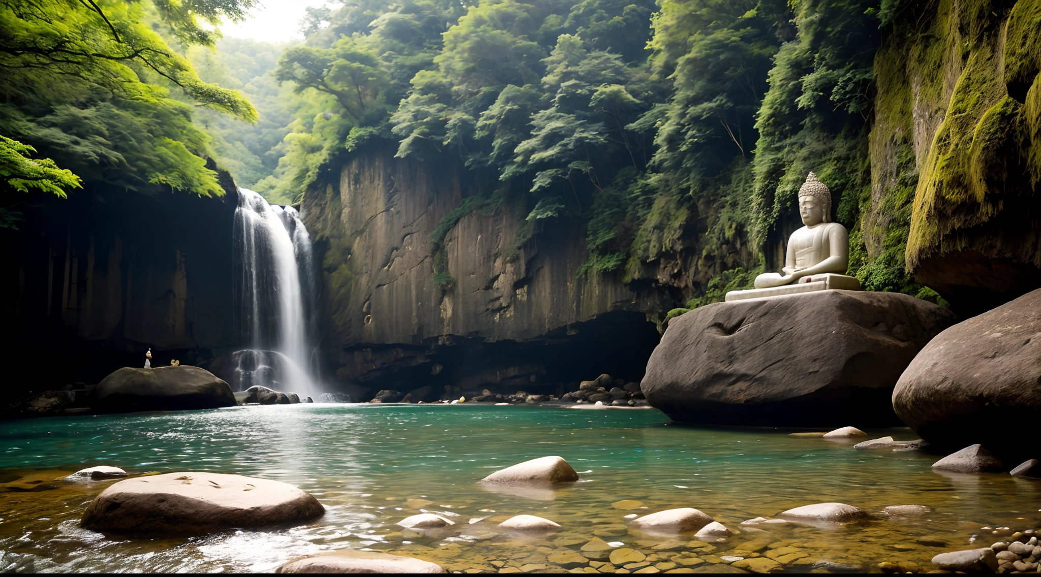 In front of the waterfall there is a huge Buddha statue sitting on a rock, Buddhism, floating in a powerful zen state, zen natural background, Zen temple background, Buddhist, The Hindu phase of meditation, Zen meditation, Buddha, zen feeling, zen atmosphere, a Buddhist Buddha, serene environment, On the road to enlightenment, Peaceful environment, stunning screensaver, Meditation