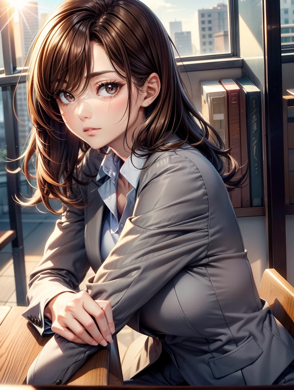 Best Quality, masutepiece, beautiful mature women、Beautiful face、Strong-minded woman、Wearing an office suit、brown haired、Brown-eyed、Medium Hair、Small eyes、Full body like、Block sunlight with your hands、suns、look up sky