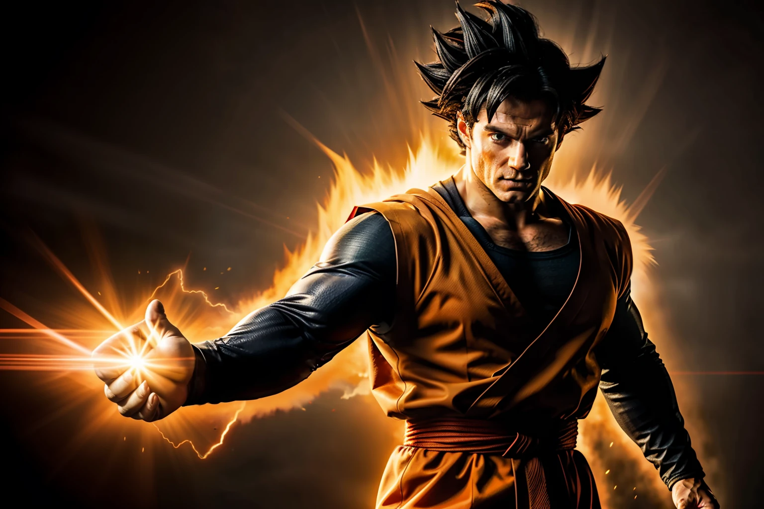 Henry Cavill dressed as goku, realistic face, dynamic pose, action scene