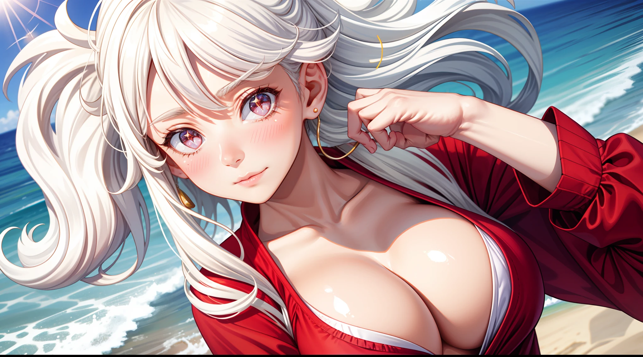 focused upper body, realistic, 1girl, white hair and sparkling eyes, blush, morning, at the beach, sunlight, (wearing red shirt)