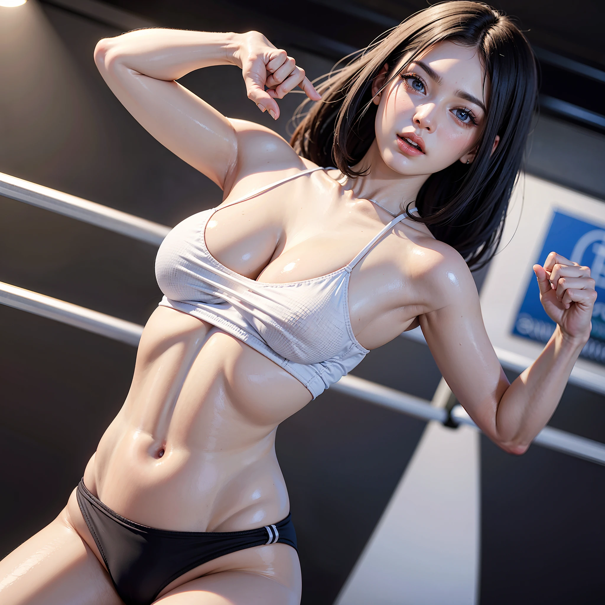 master part, Qualidade Superior, (Realistic, fotorrealista: 1.4), (Foto RAW: 1.2), muito elaborado CG Unity 8K wallpaper, muito delicado e bonito, maravilhoso, attention to detail, Arte Oficial, Absurdidade, incredibly ridiculous, tamanho de arquivo enorme, muito bom, muito elaborado, belos olhos e rosto, belos olhos elaborados, luz no rosto, uma , cabelos longos, (Pom) umbigo, parte superior do corpo, Camiseta de manga curta, luvas de boxe, bare arms, franja, boxing gym, ringue de boxe, ULZZANG-6500-V1.1
