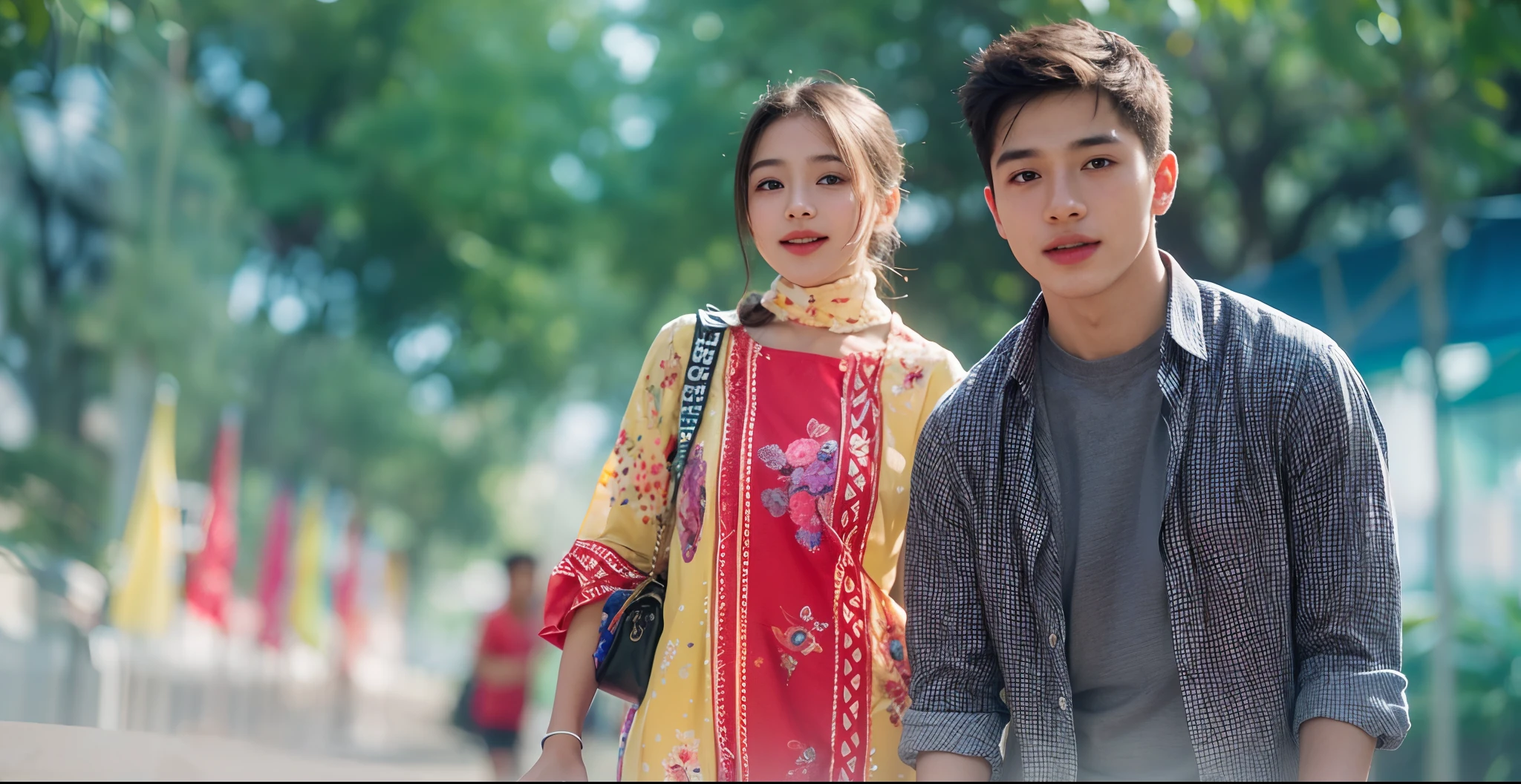 Close-up of faces,1 boy, 1 girl,happy,Delicate face,Smooth skin, ( bokeh, Out of Focus, Soft Lighting, God Ray, UHD)