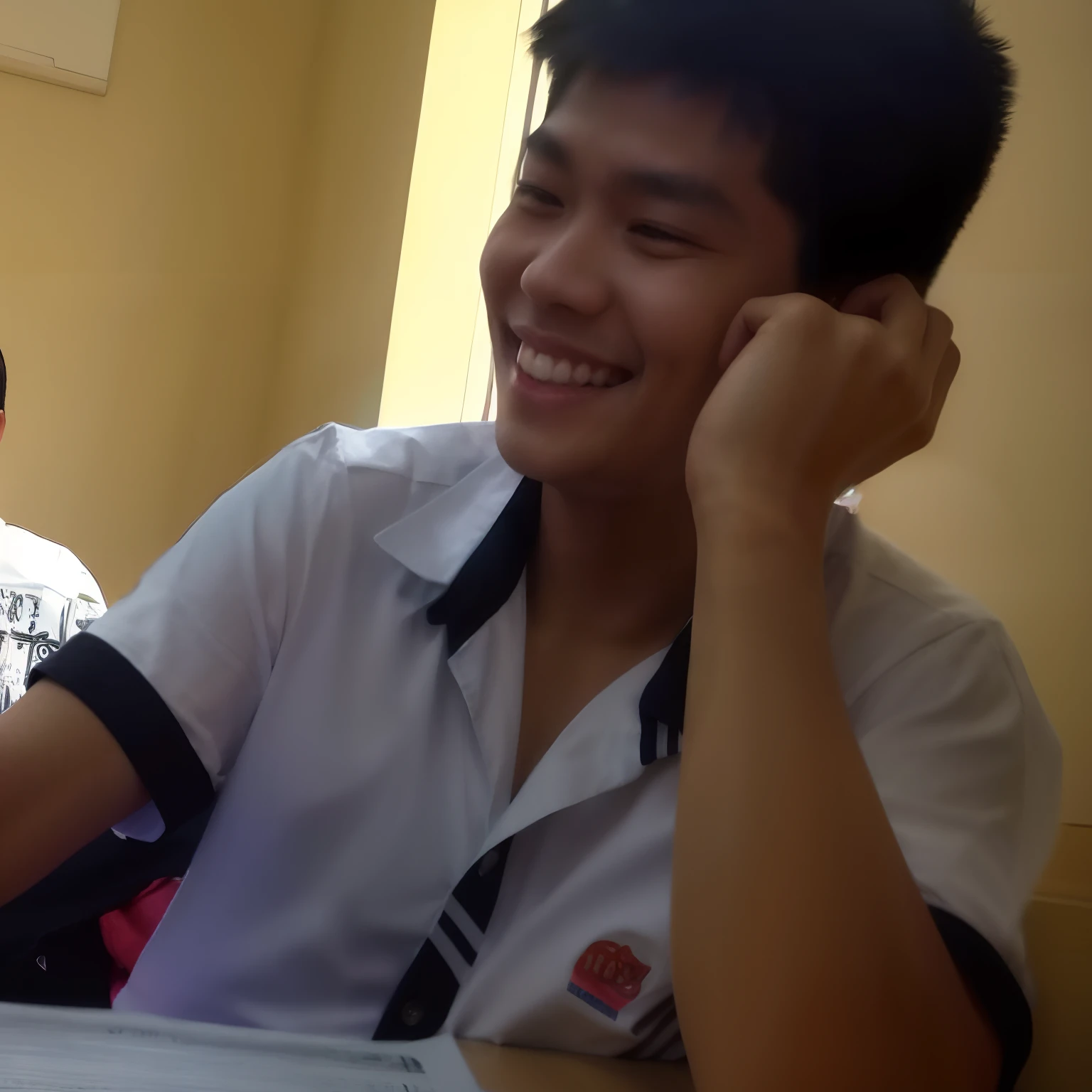 smiling boy in white shirt sitting at table with papers and cell phone, student, he is smiling, bao pham, subject is smiling, with a beautifull smile, very slightly smiling, nivanh chanthara, by Yi Insang, damien tran, profile shot, phong shaded, smiling warmly, dang my linh, dzung phung dinh