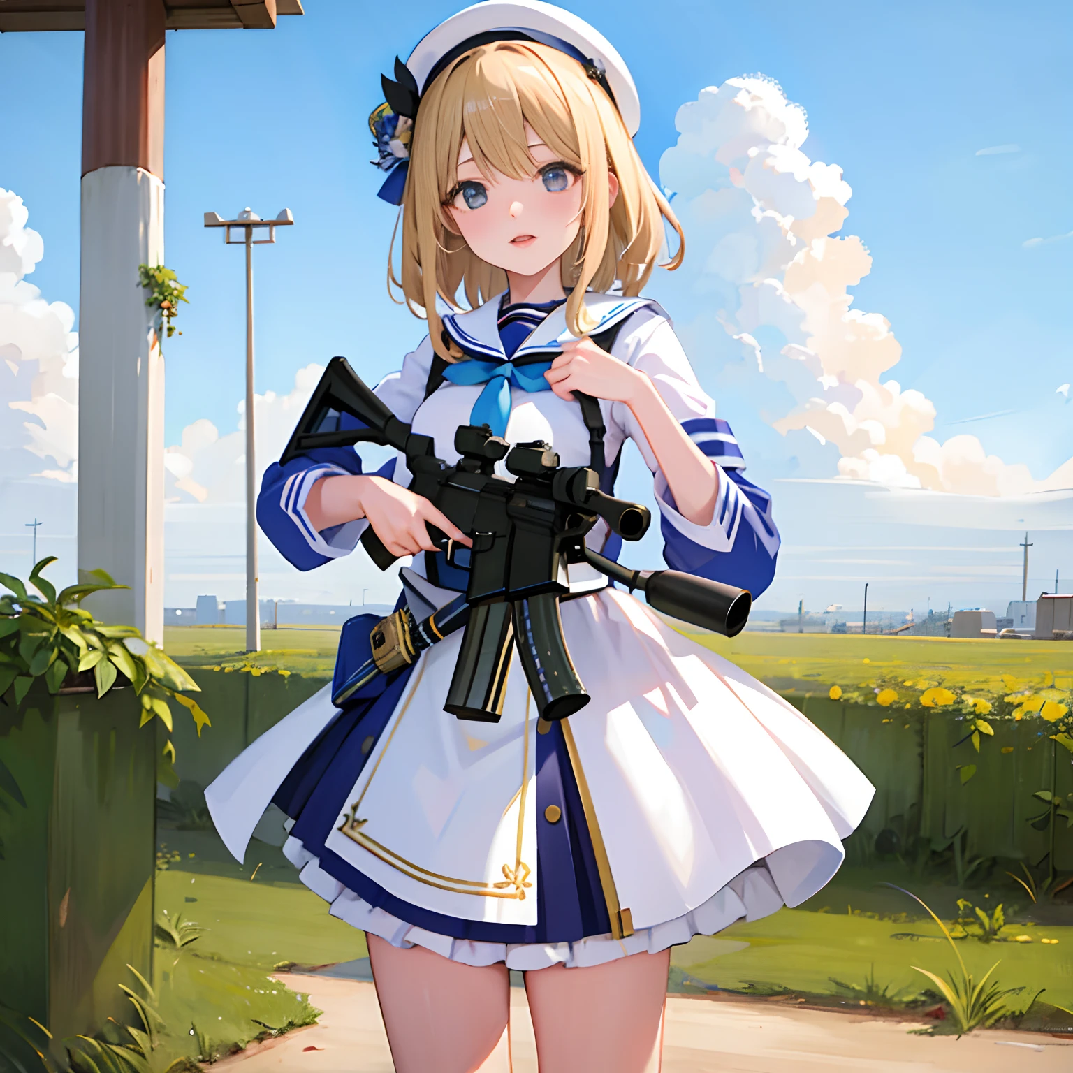 (masterpiece:1.2), best quality, highres, original, extremely detailed wallpaper, perfect lighting,(extremely detailed CG:1.2), 8k, illustration, 1girll,solo, m4 carbine,holding gun, blond hair, white sailor dress, shiny and delicate clothes, outdoor, stand